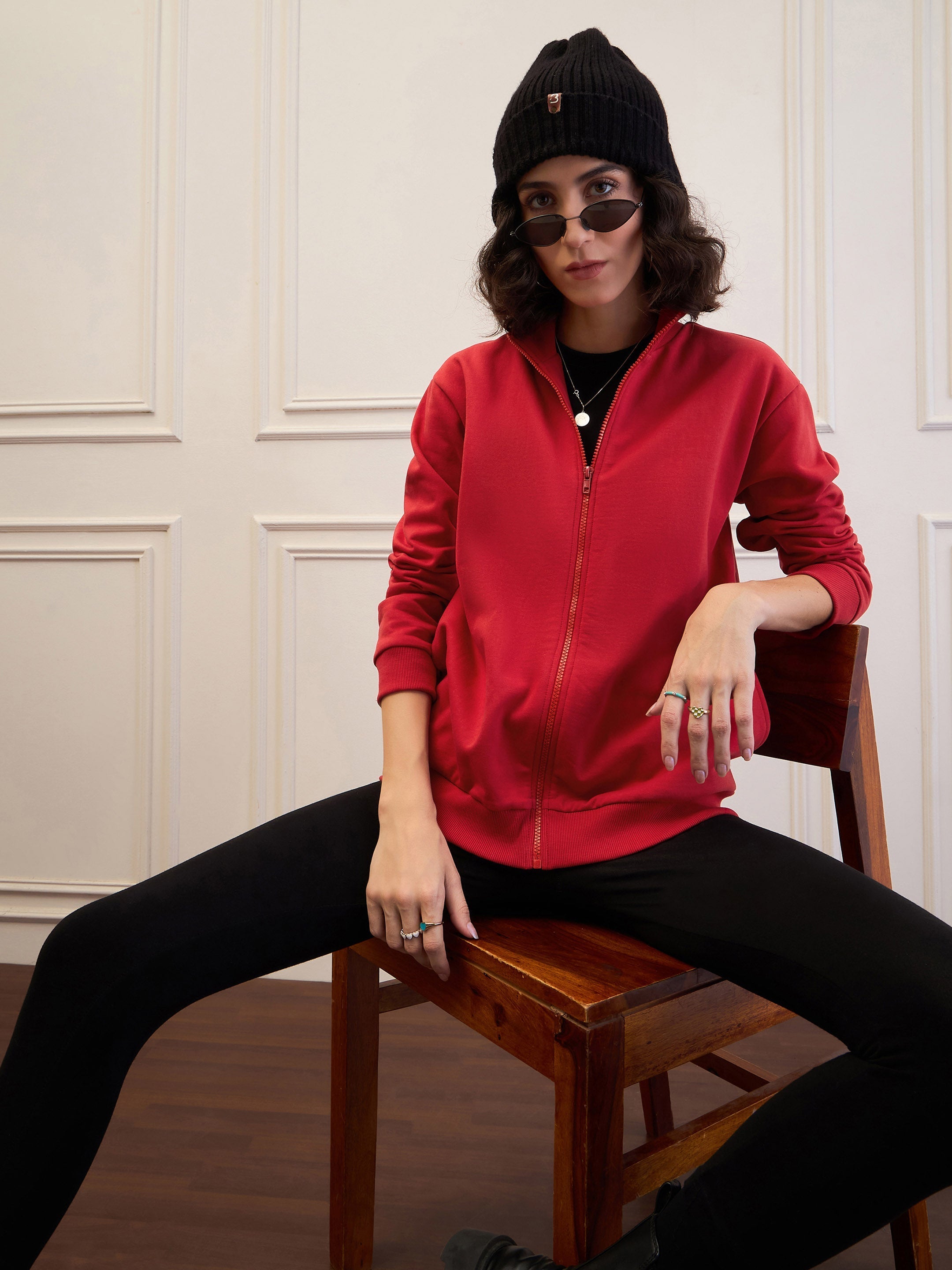 Women Red Fleece Front Zipper Jacket