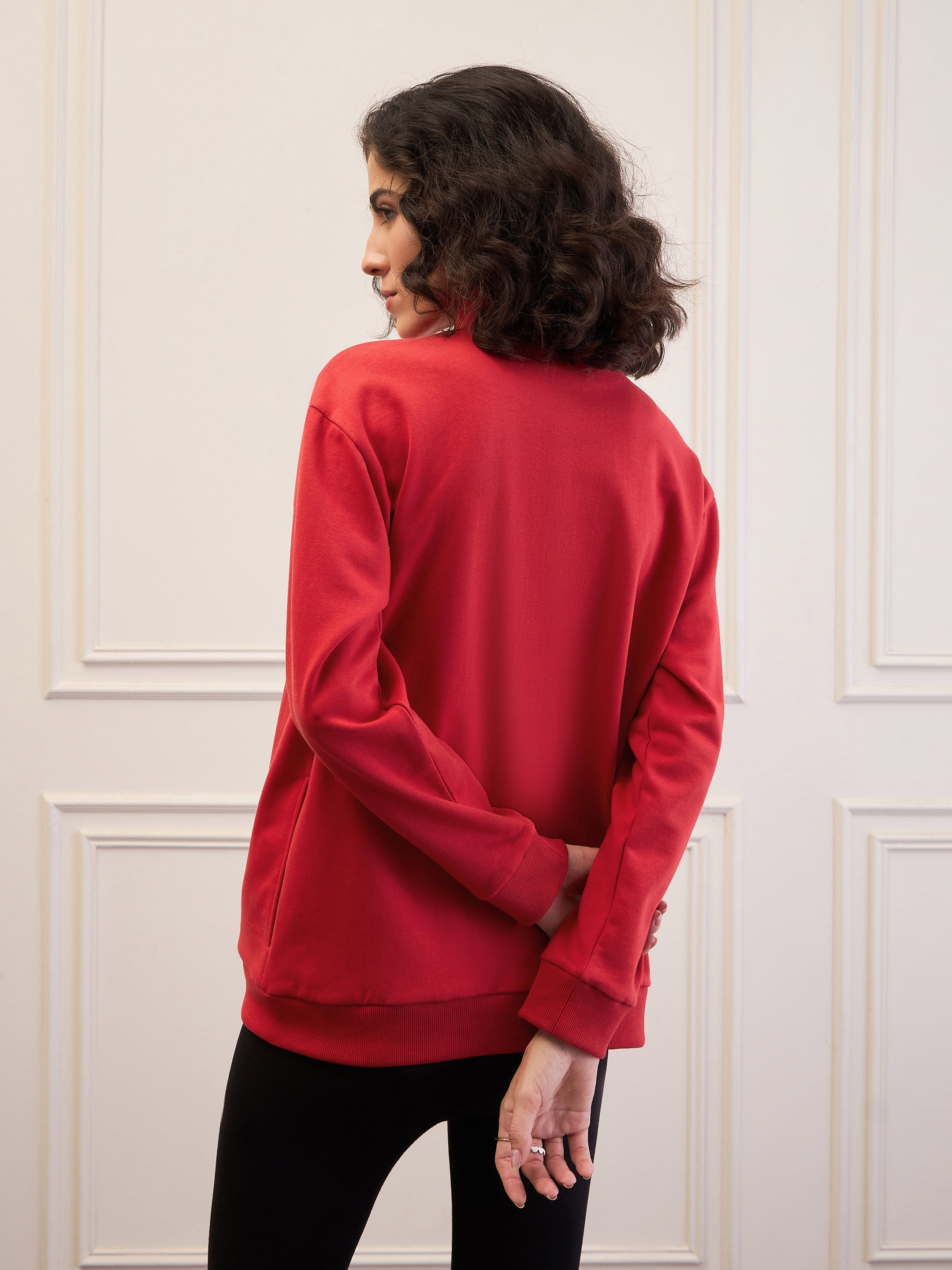 Women Red Fleece Front Zipper Jacket