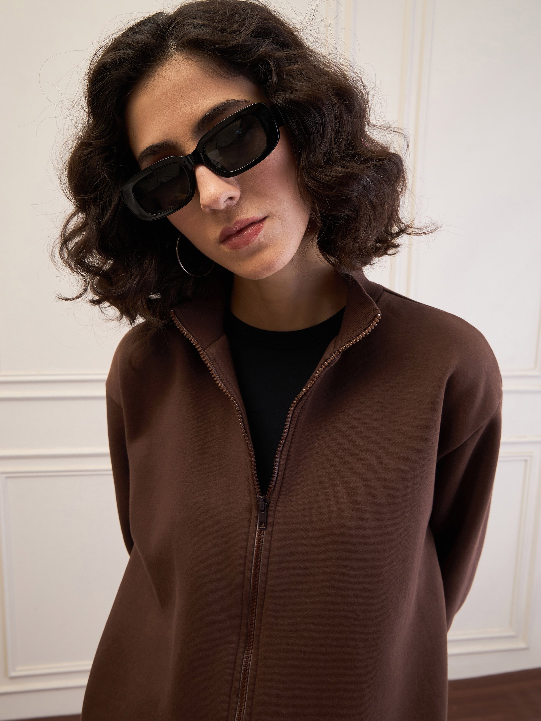 Women Dark Brown Fleece Zipper Jacket