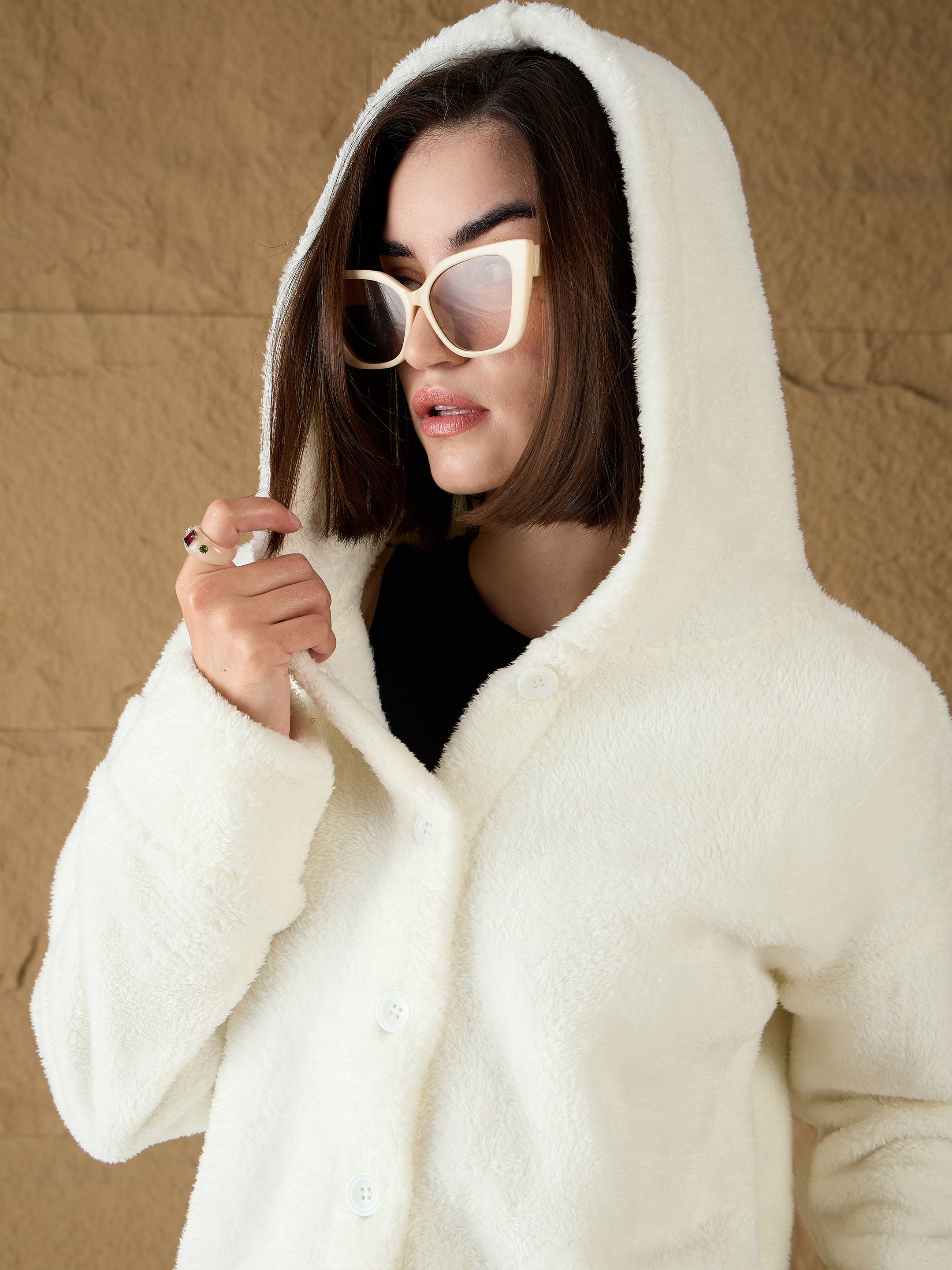 Women White Fur Button Placket Hooded Jacket