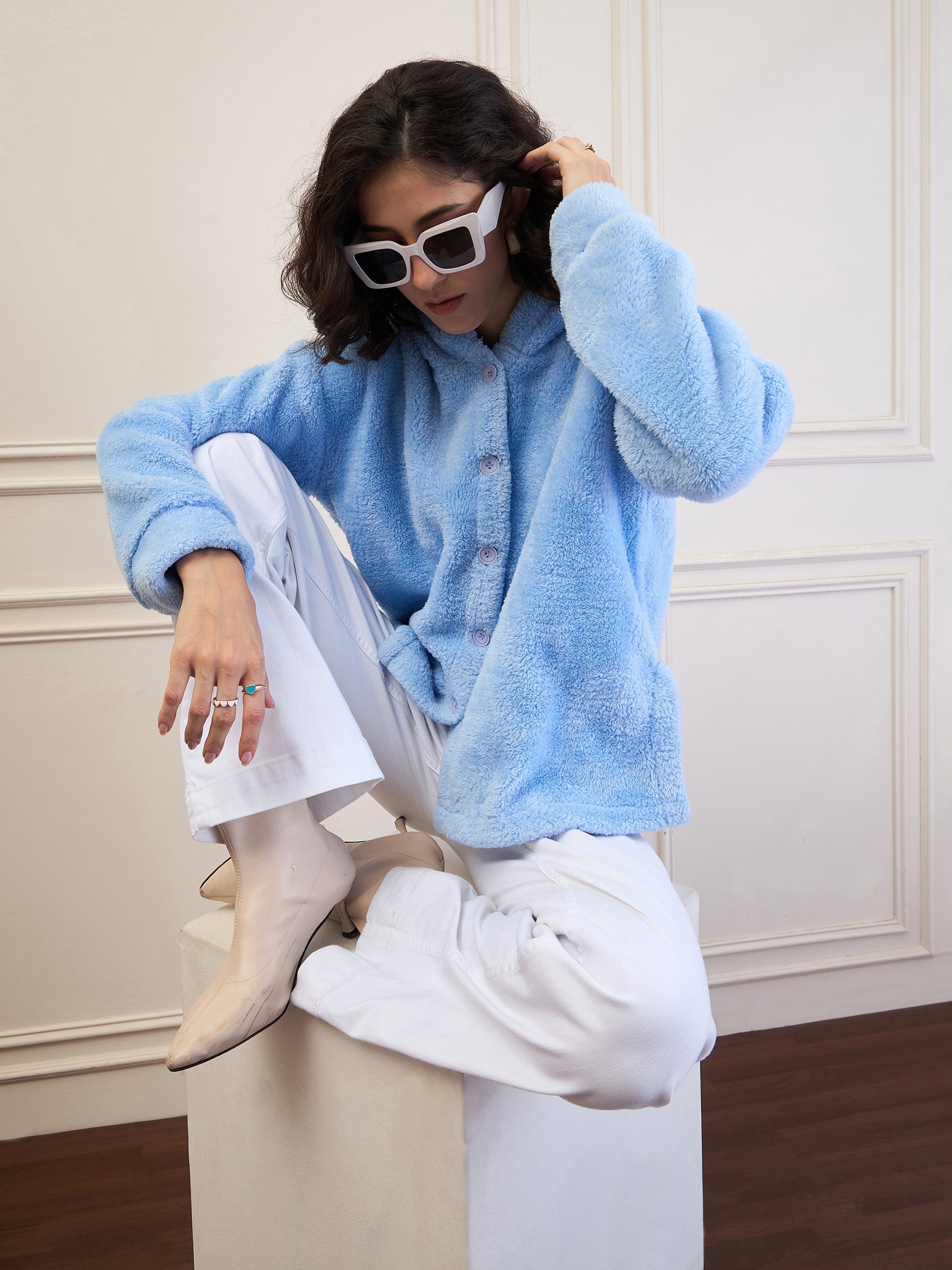 Women Blue Fur Button Placket Hooded Jacket