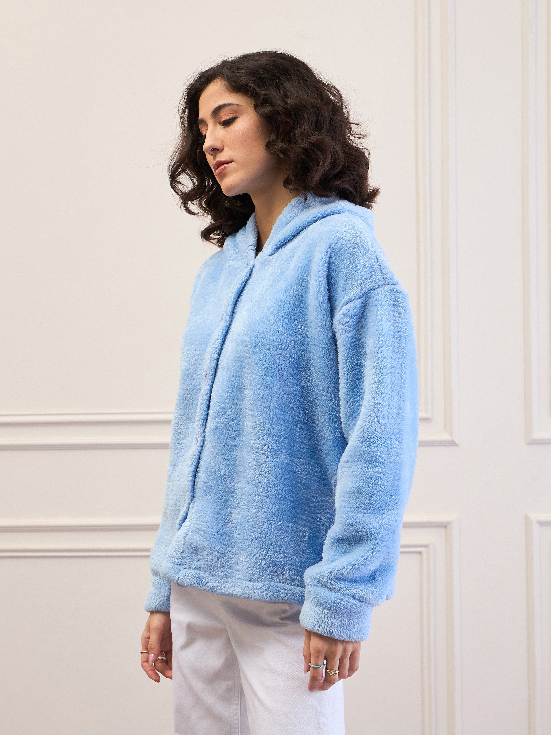 Women Blue Fur Button Placket Hooded Jacket