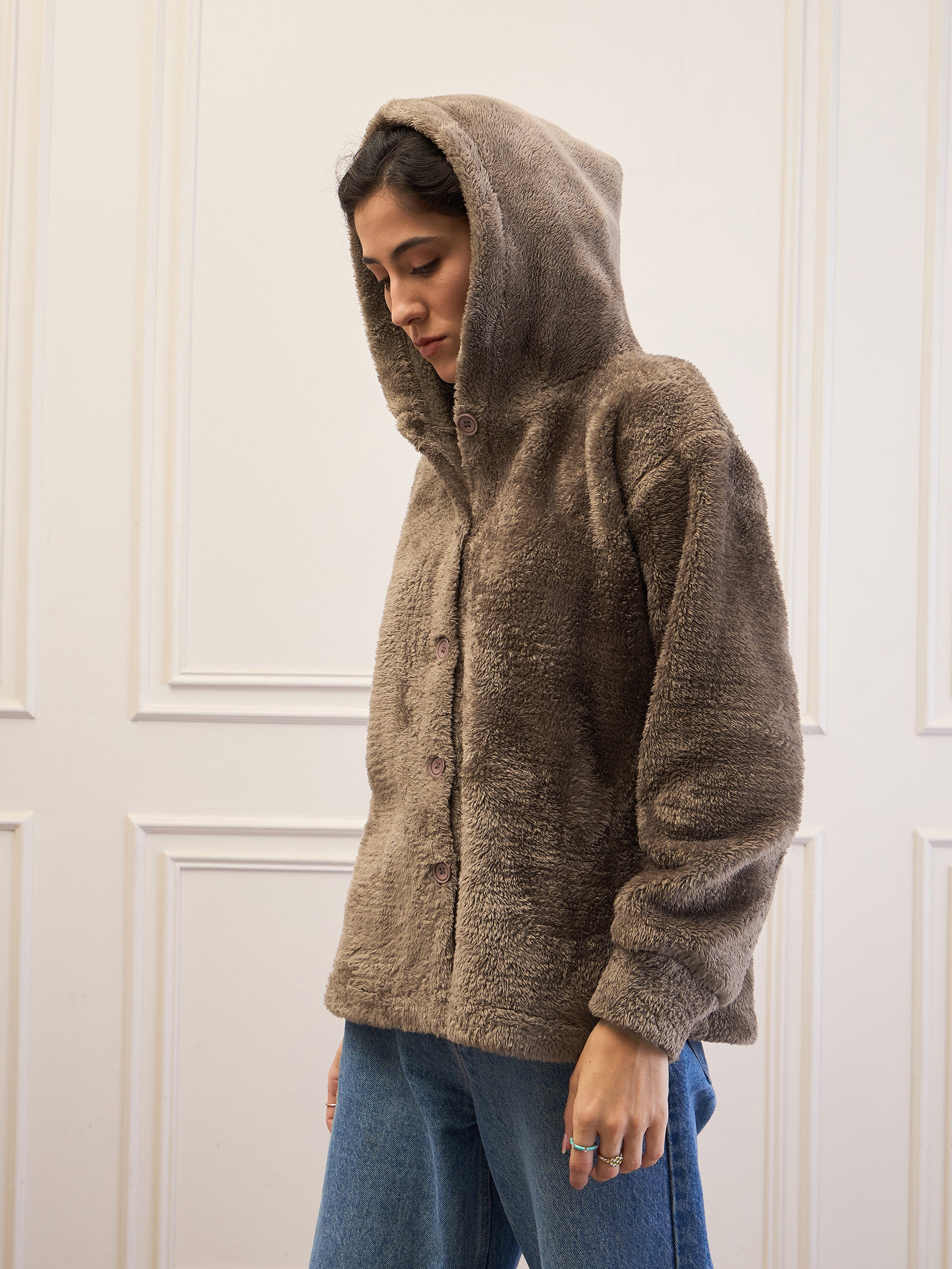 Women Dark Grey Fur Button Placket Hooded Jacket