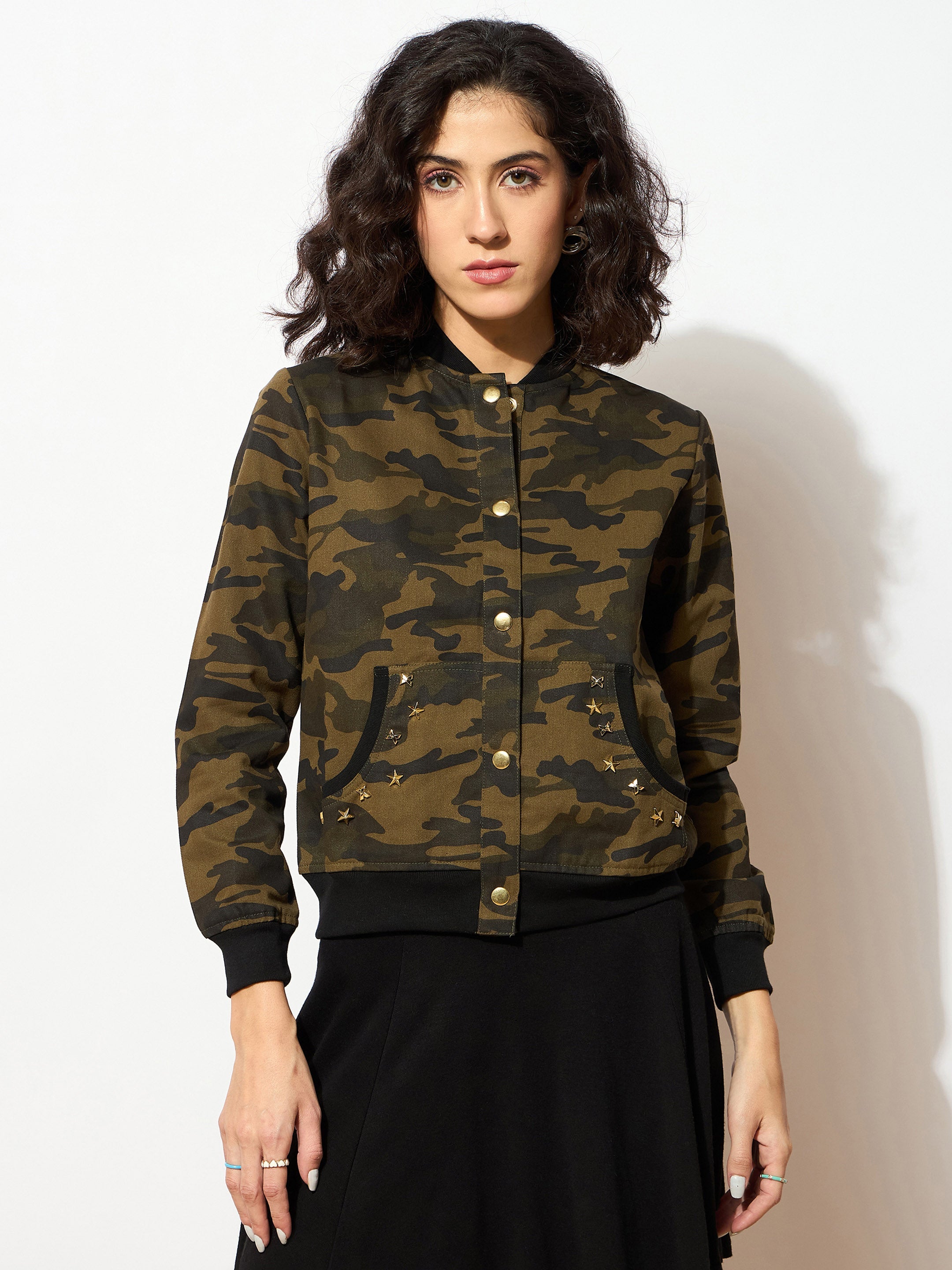 Women Camouflage Buttoned Bomber Jacket