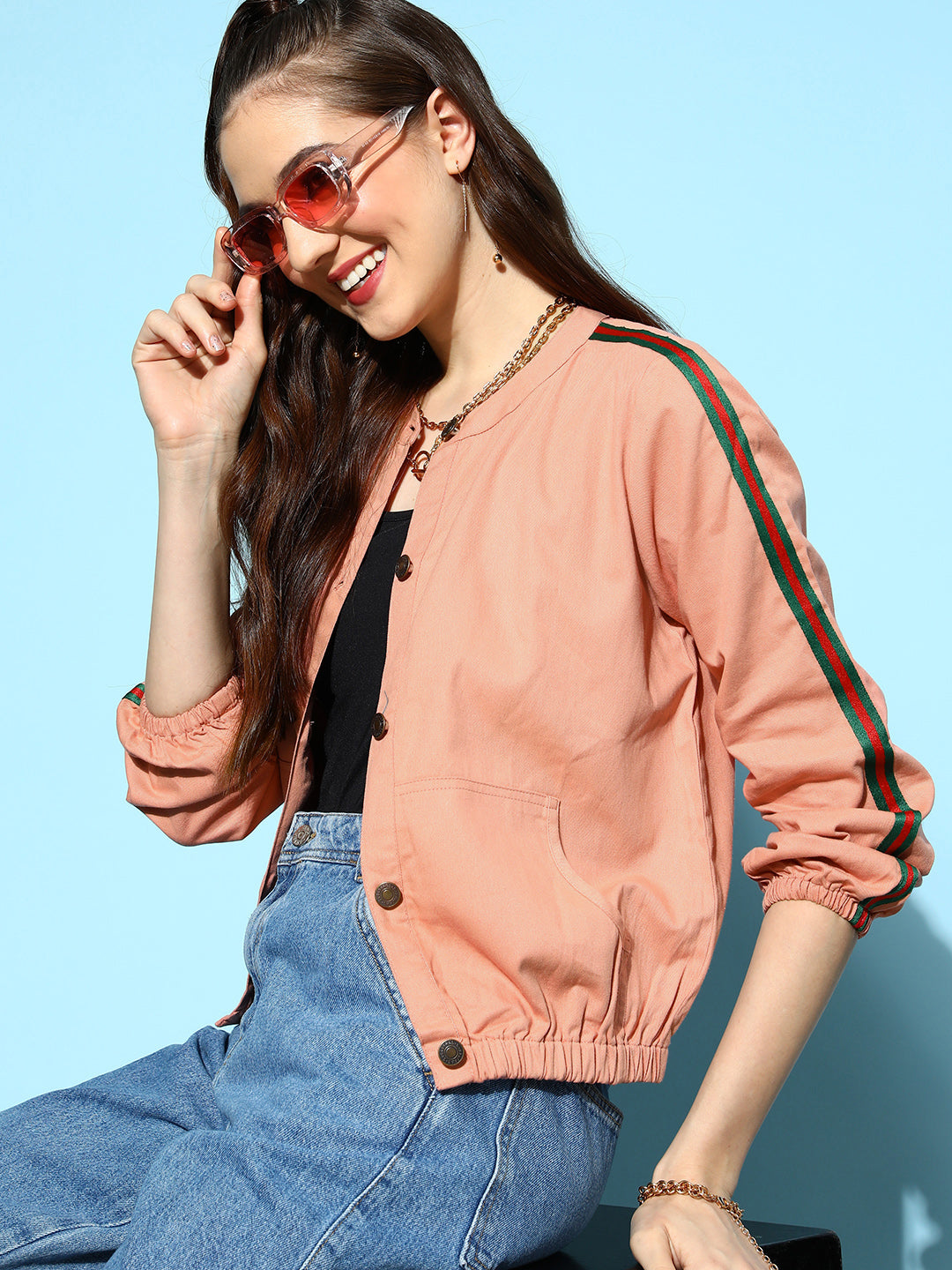 Women Pink Denim Bomber Sleeve Tape Jacket