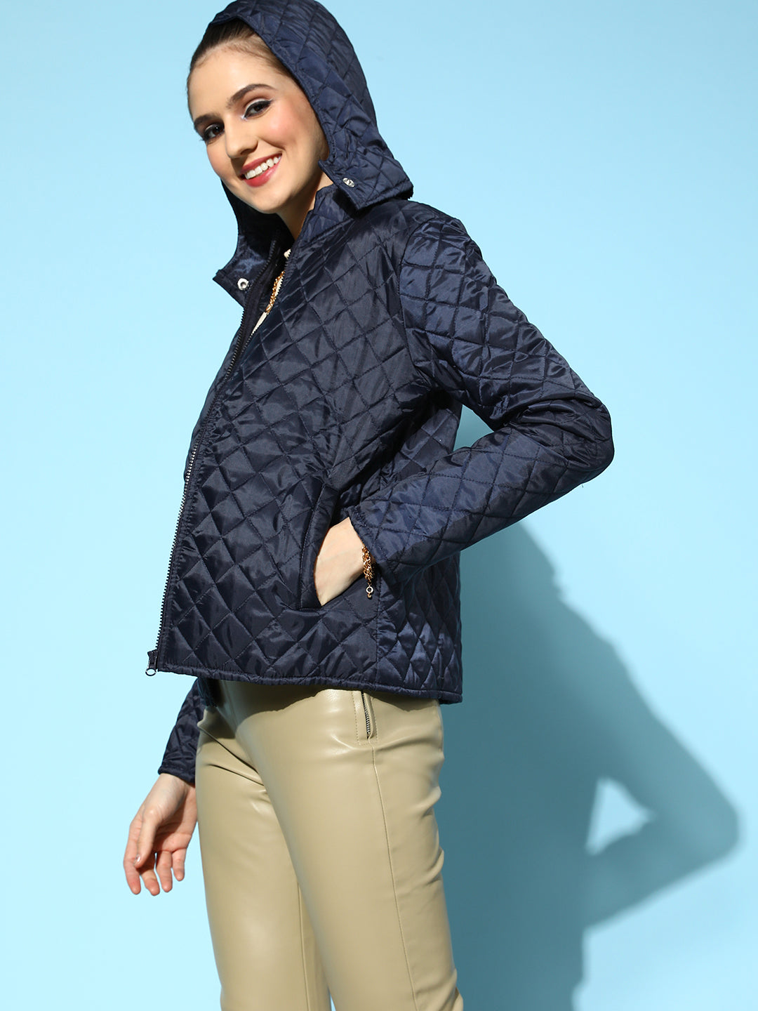 Women Navy Quilted Hooded Puffer Jacket