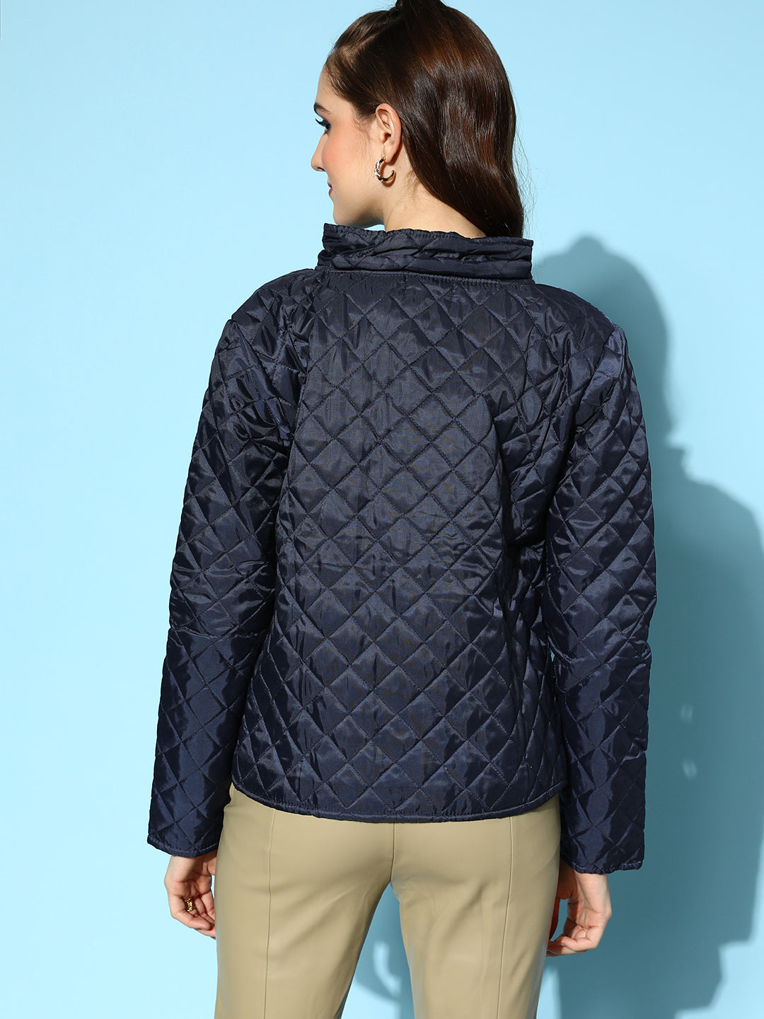 Women Navy Quilted Hooded Puffer Jacket