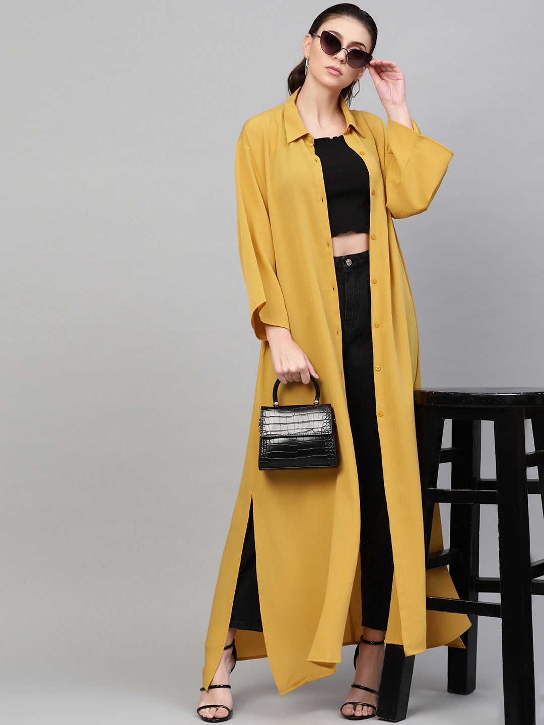 Mustard Button Placket Longline Shrug