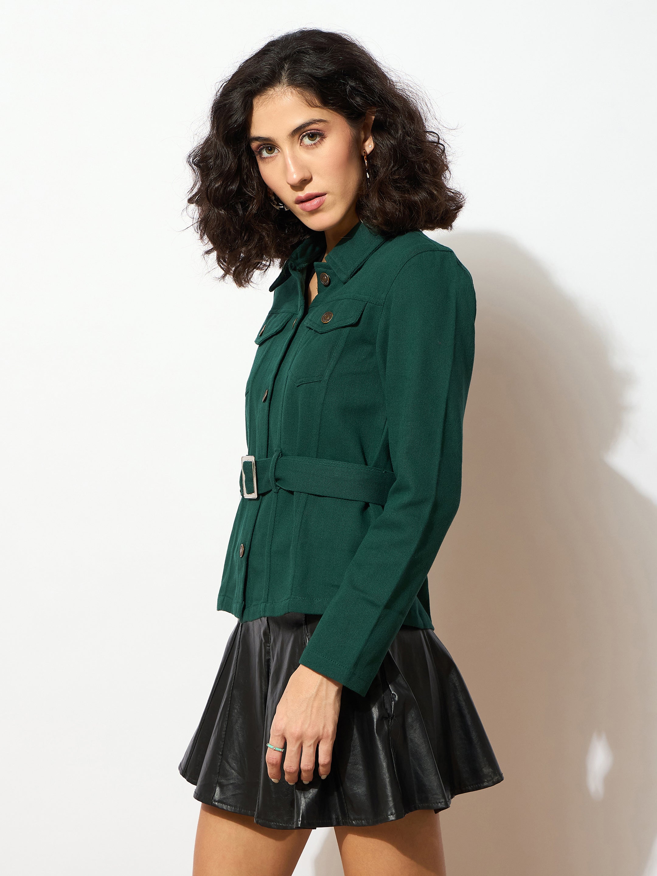 Women Emerald Green Denim Belted Jacket