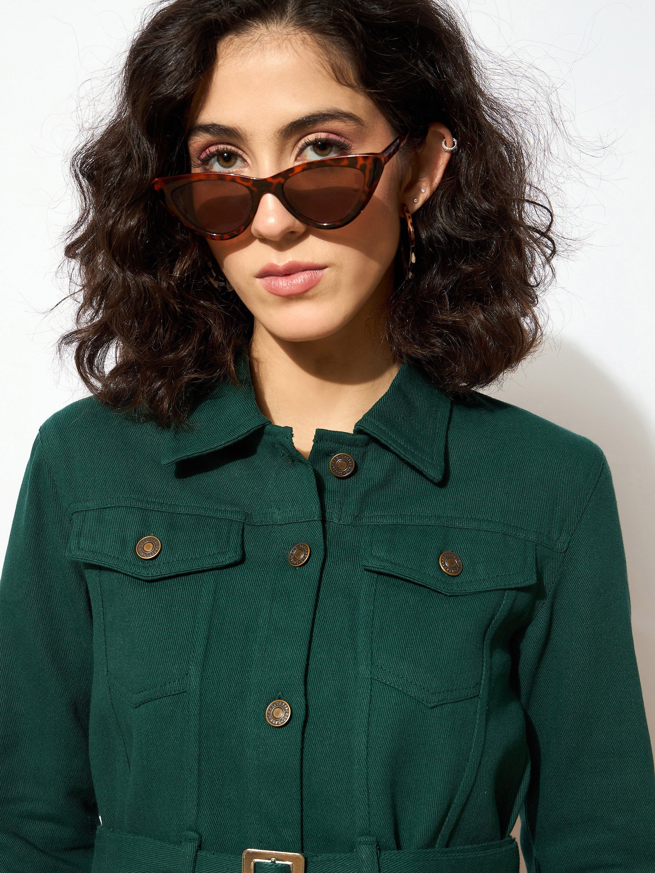 Women Emerald Green Denim Belted Jacket