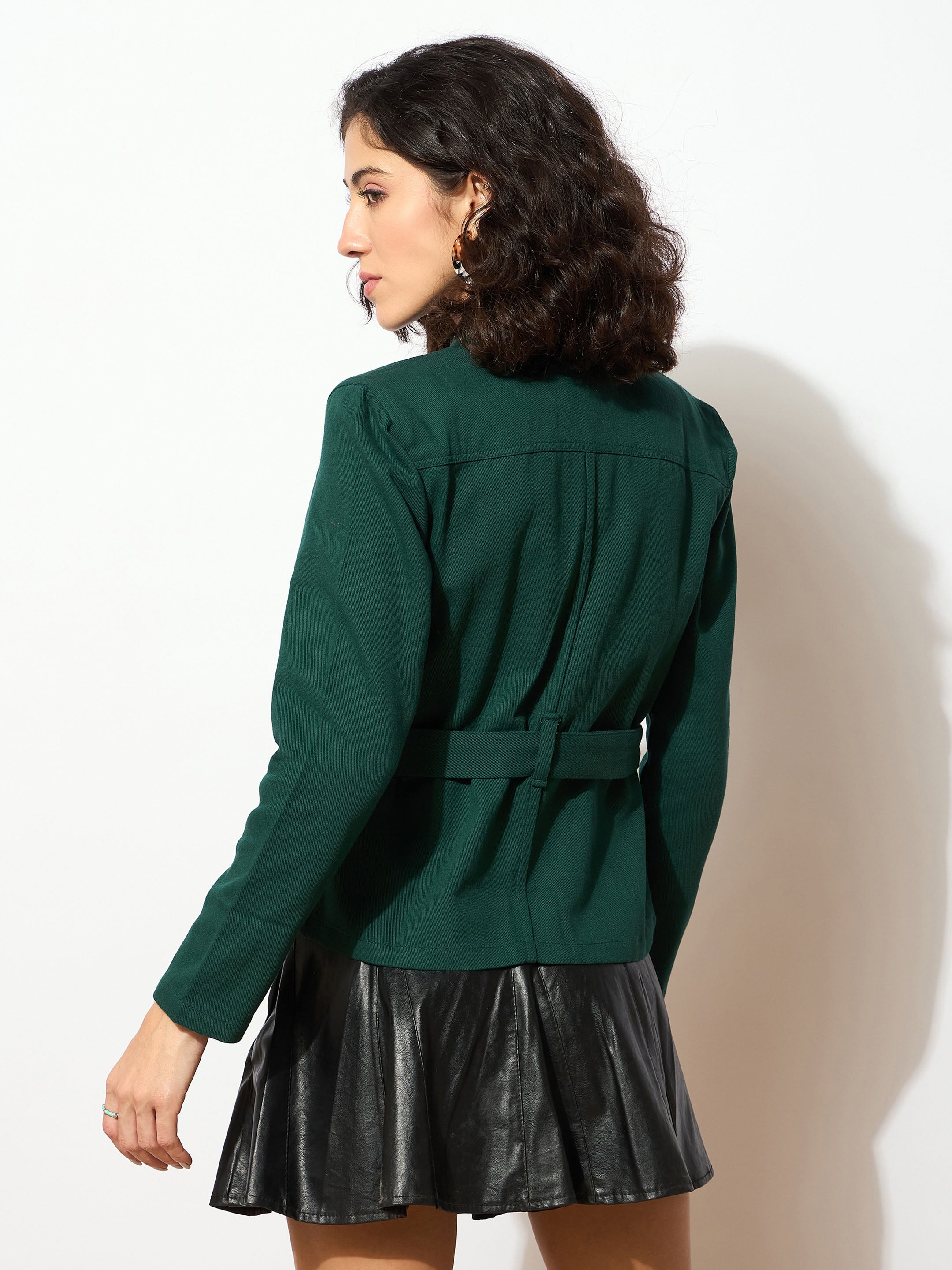 Women Emerald Green Denim Belted Jacket