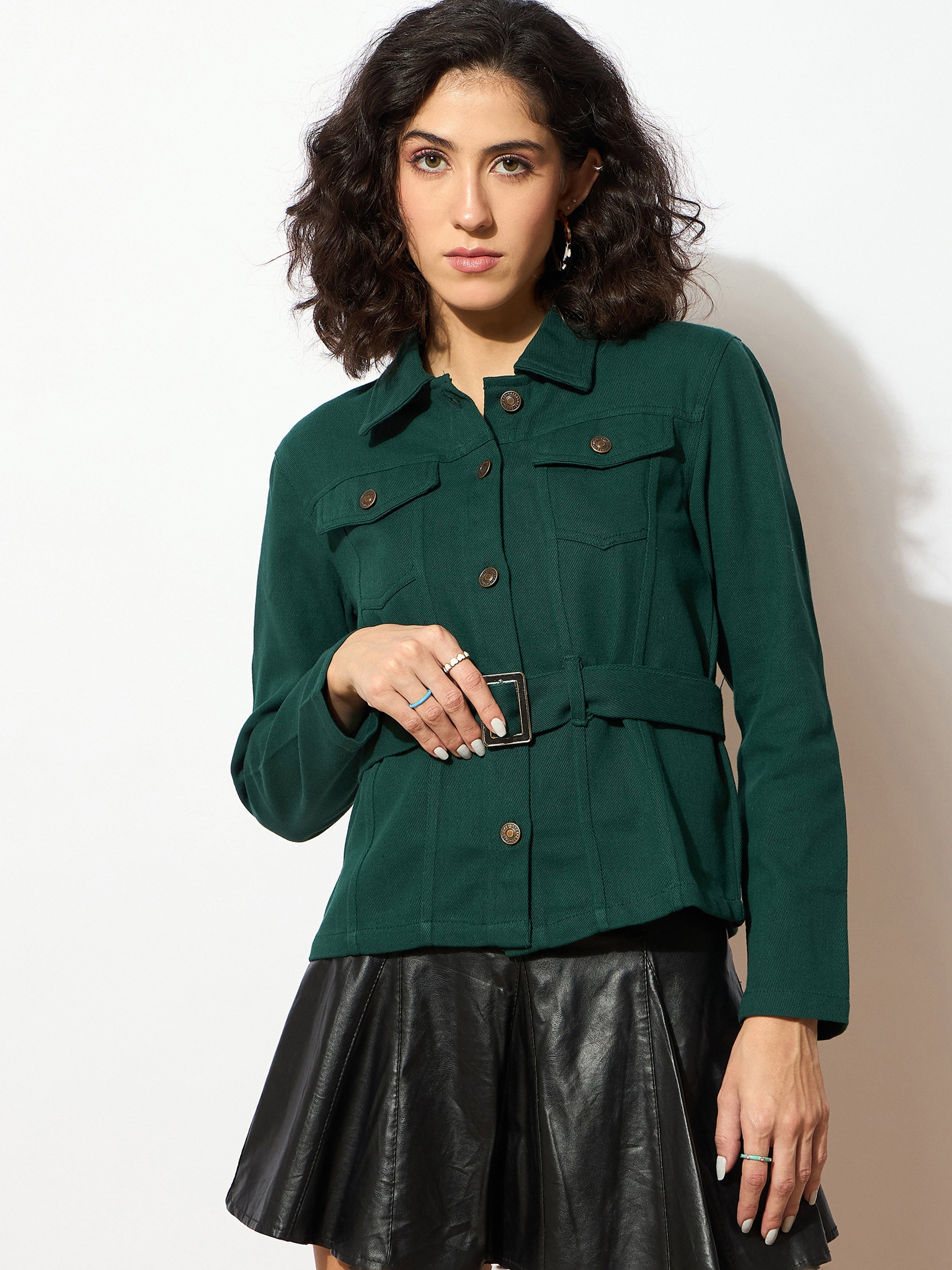 Women Emerald Green Denim Belted Jacket