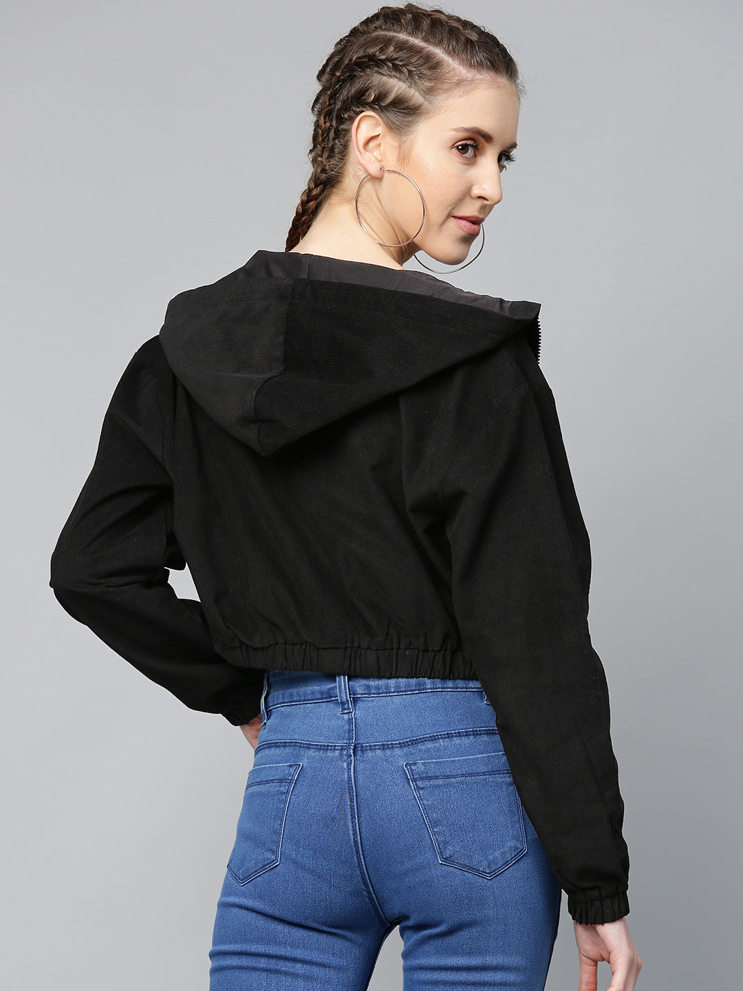 Black Hooded Boxy Corduroy Crop Jacket