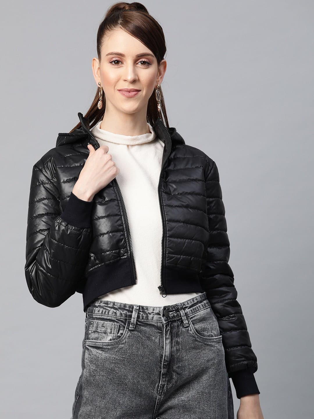 Black Hooded Crop Bomber Puffer Jacket