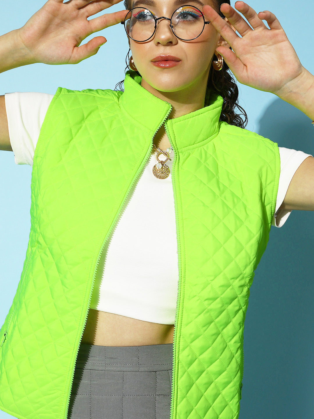 Women Neon Green Sleeveless Quilted Puffer Jacket