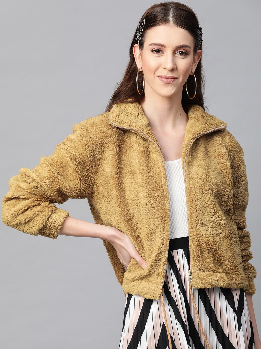 Mustard Drawstring Faux Fur Jacket