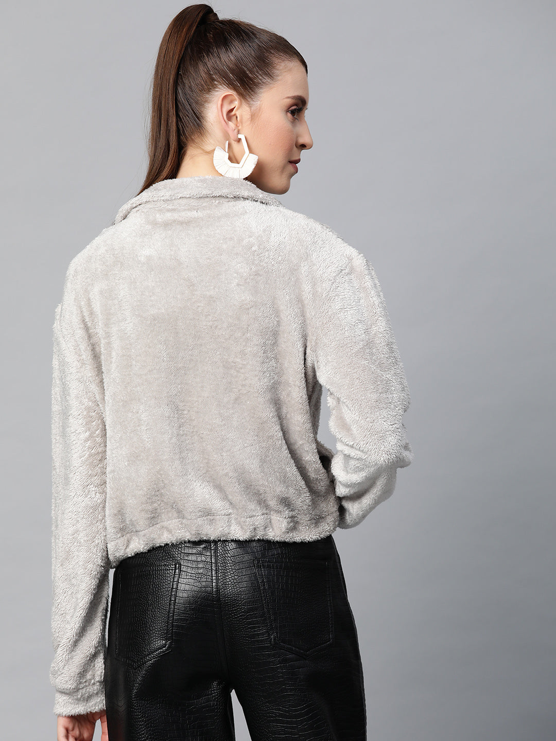 Grey Drawstring Faux Fur Jacket