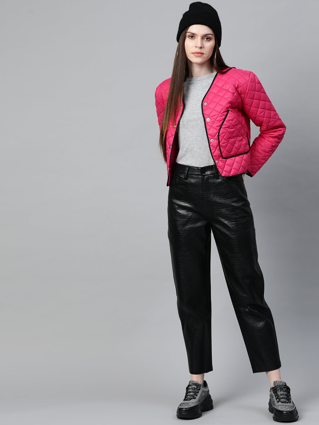 Fuchsia Piping Detail Quilted Jacket