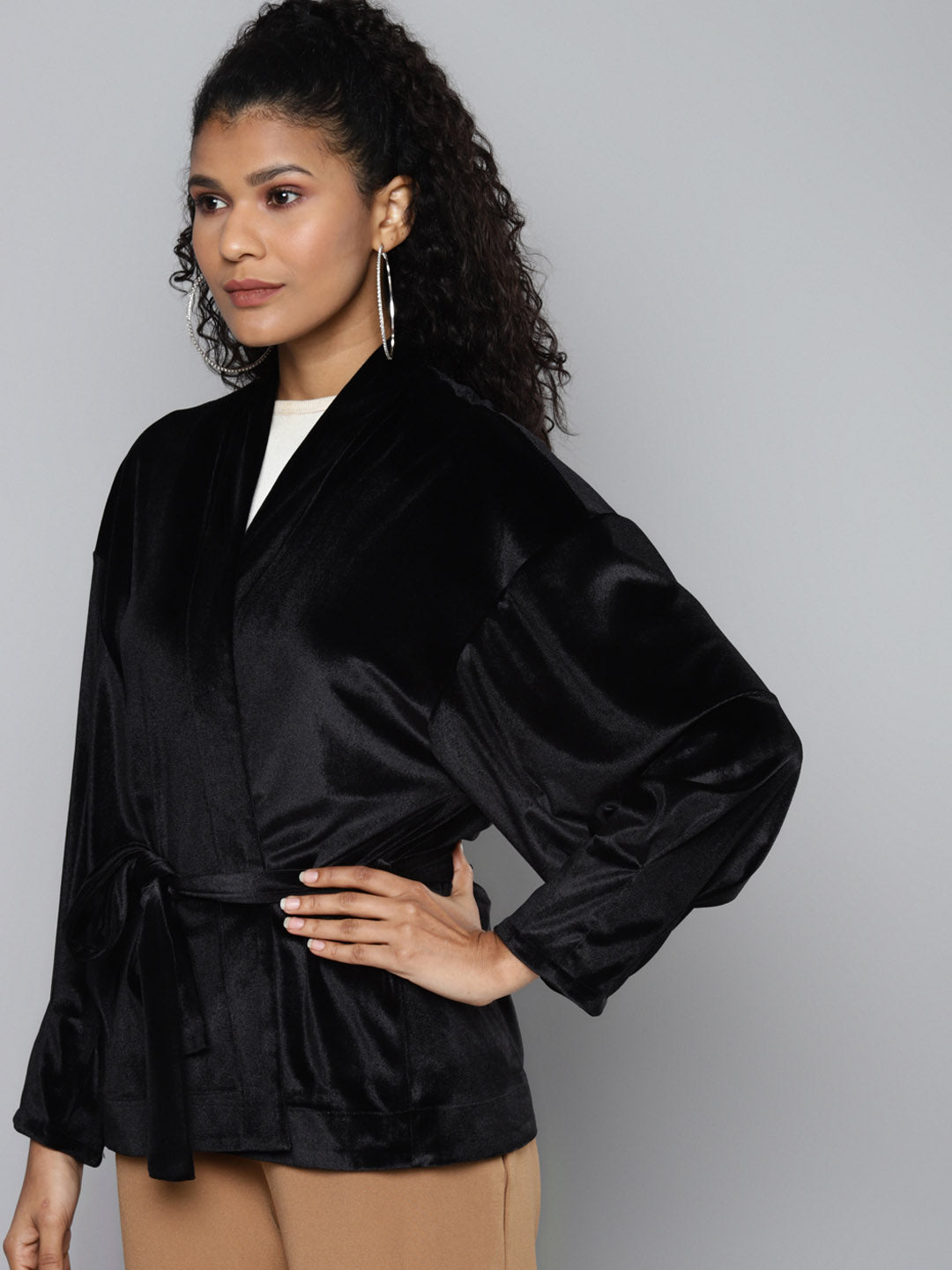 Black Velvet Open Belted Kimono Jacket