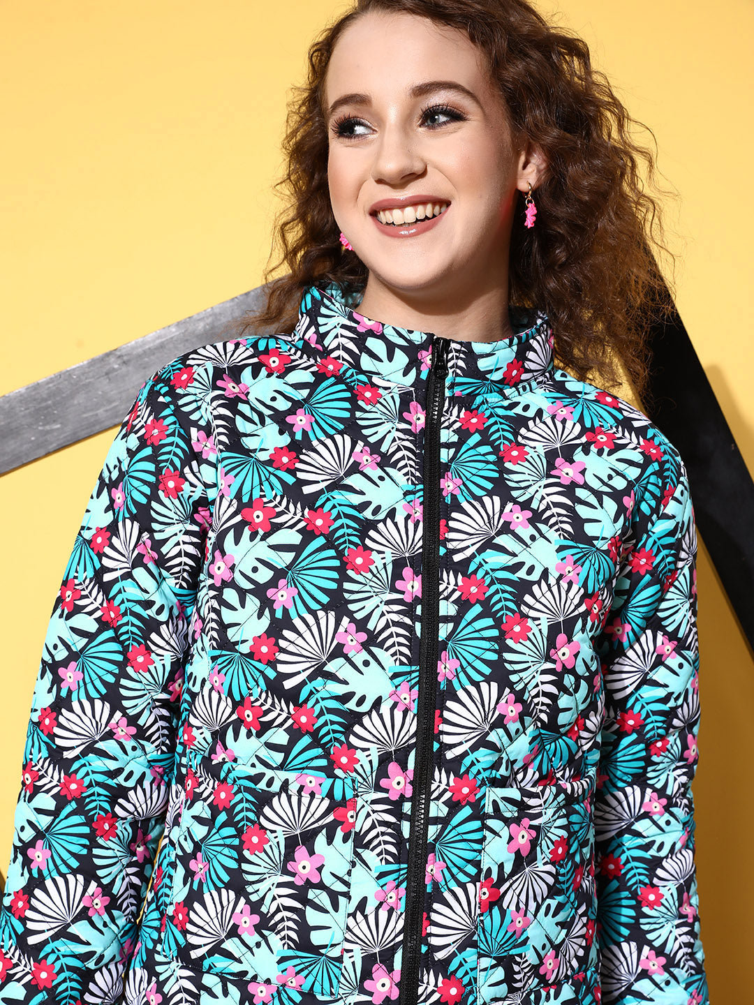 Women Black & Teal Tropical Puffer Jacket