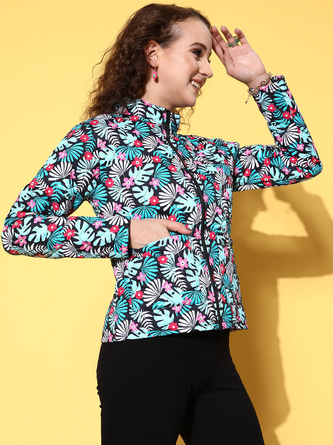 Women Black & Teal Tropical Puffer Jacket