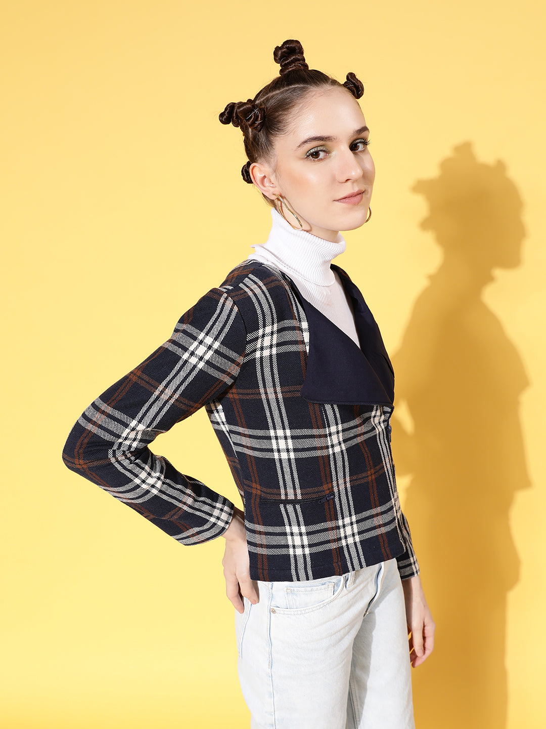 Women Navy Flannel Check Biker Jacket