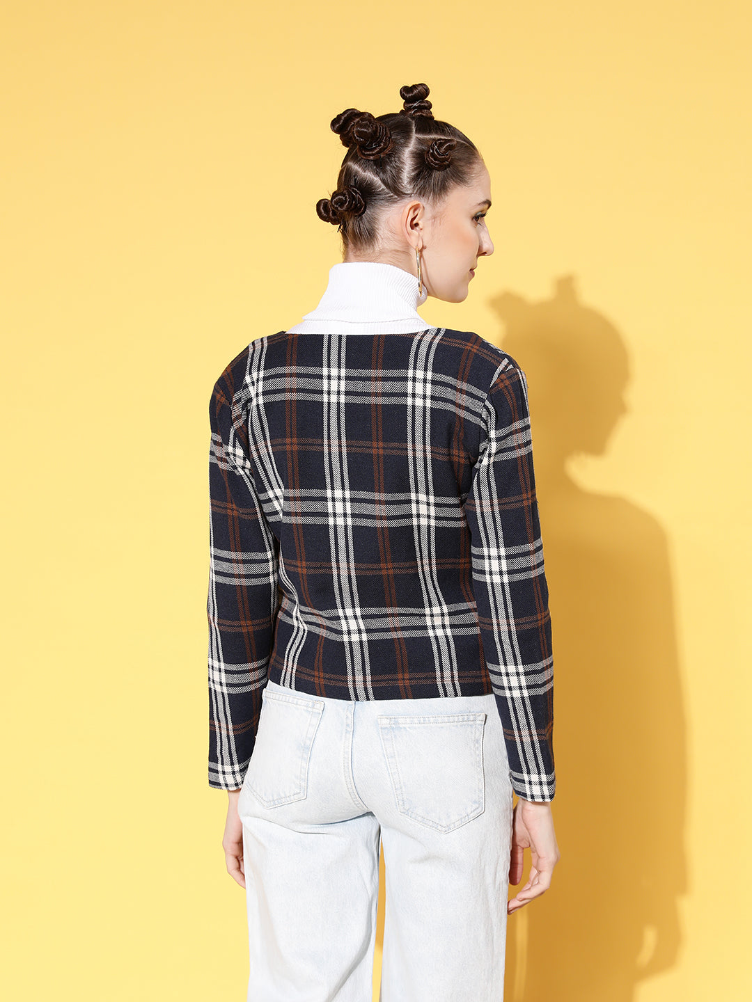 Women Navy Flannel Check Biker Jacket