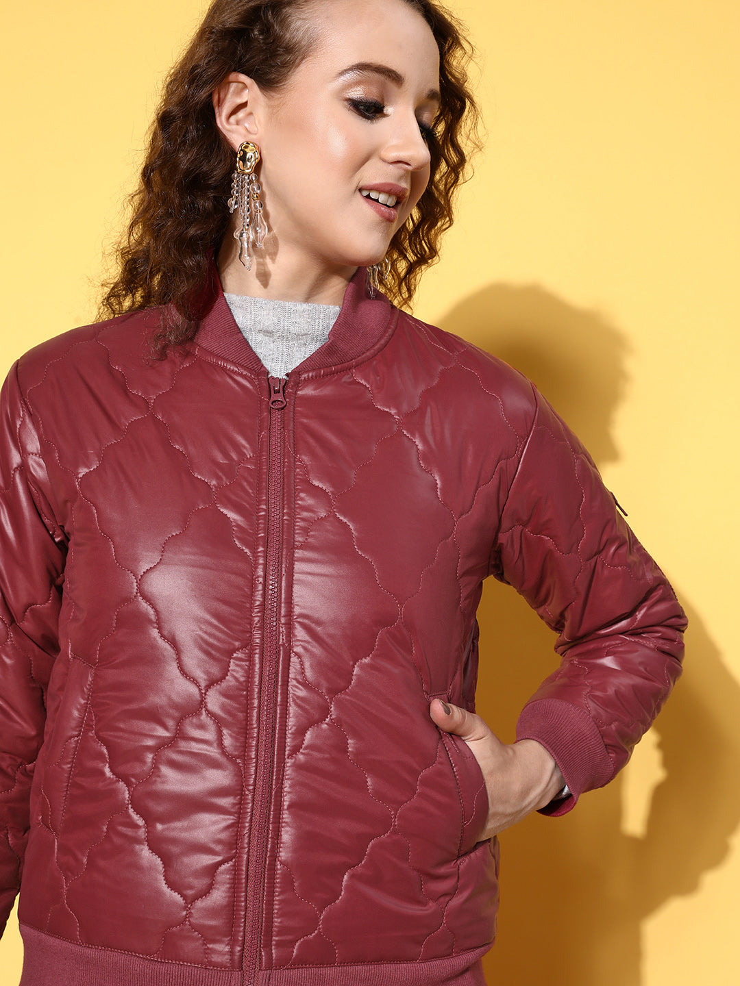 Women Maroon Front Pockets Puffer Bomber Jacket