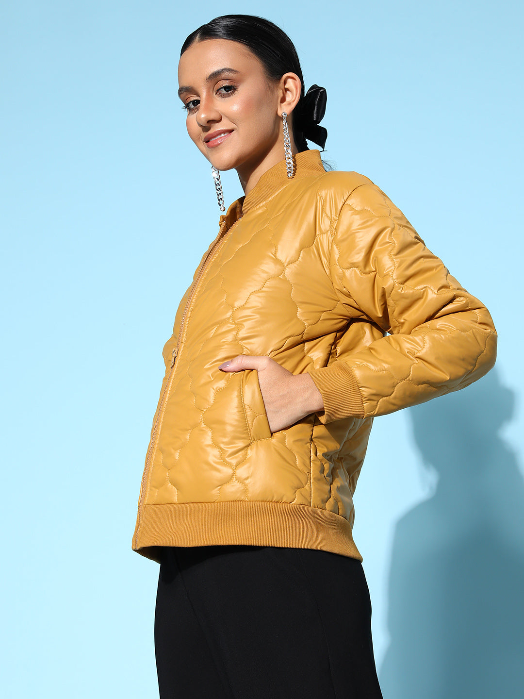 Women Mustard Front Pockets Puffer Bomber Jacket