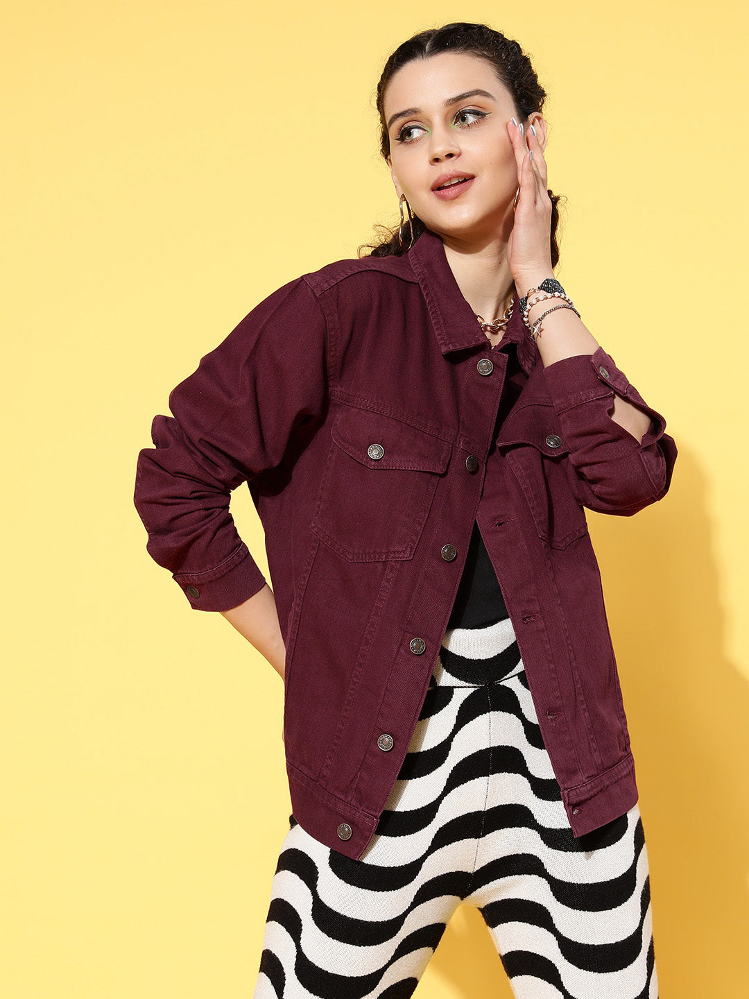 Women Burgundy Solid Denim Jacket