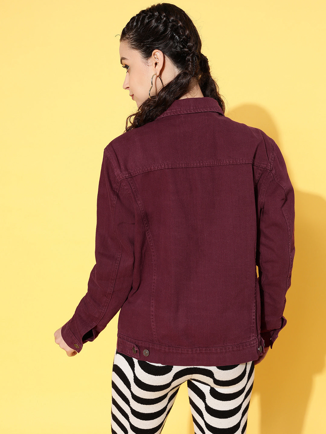 Women Burgundy Solid Denim Jacket