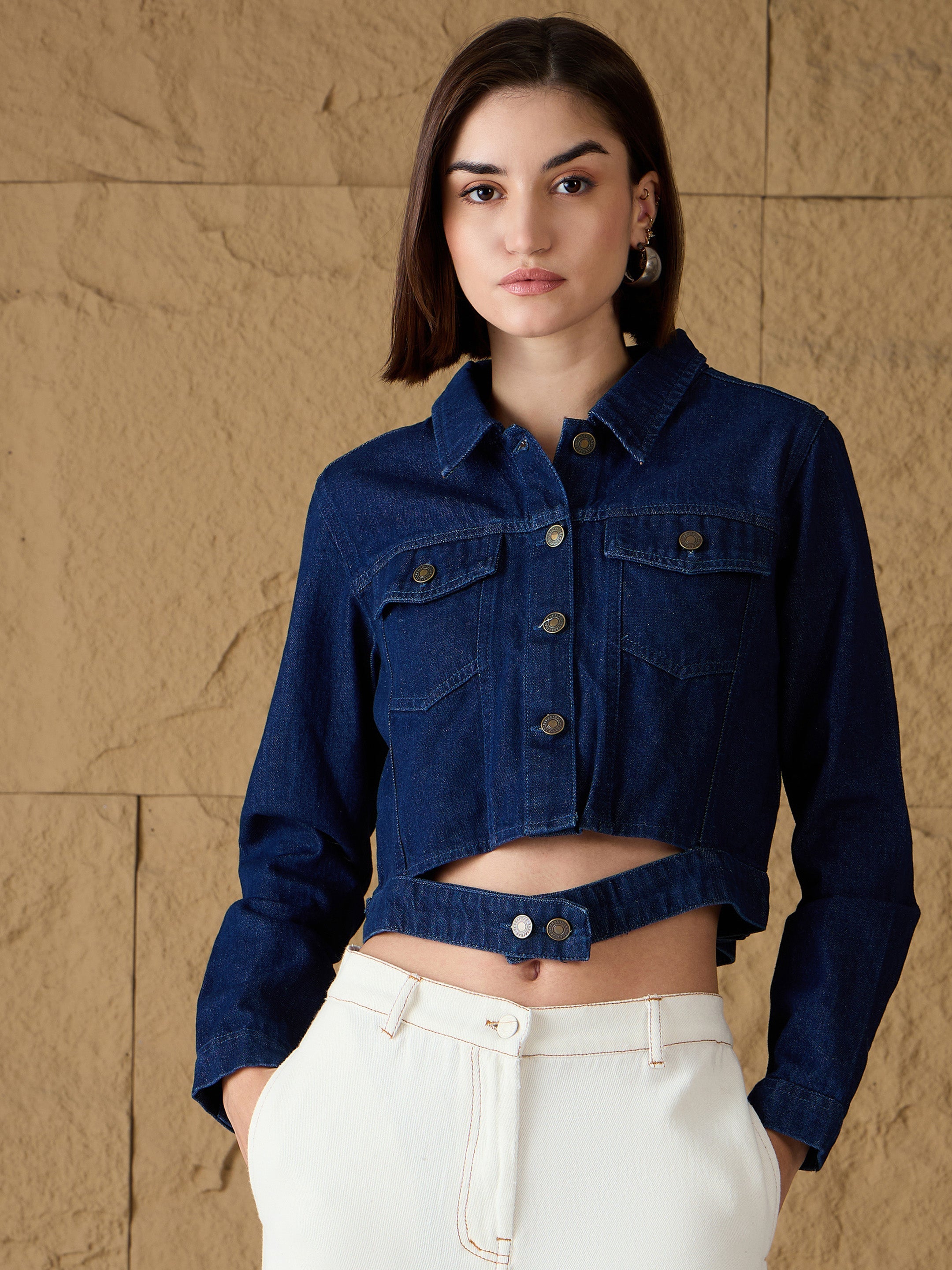 Women Blue Denim Belted Jacket