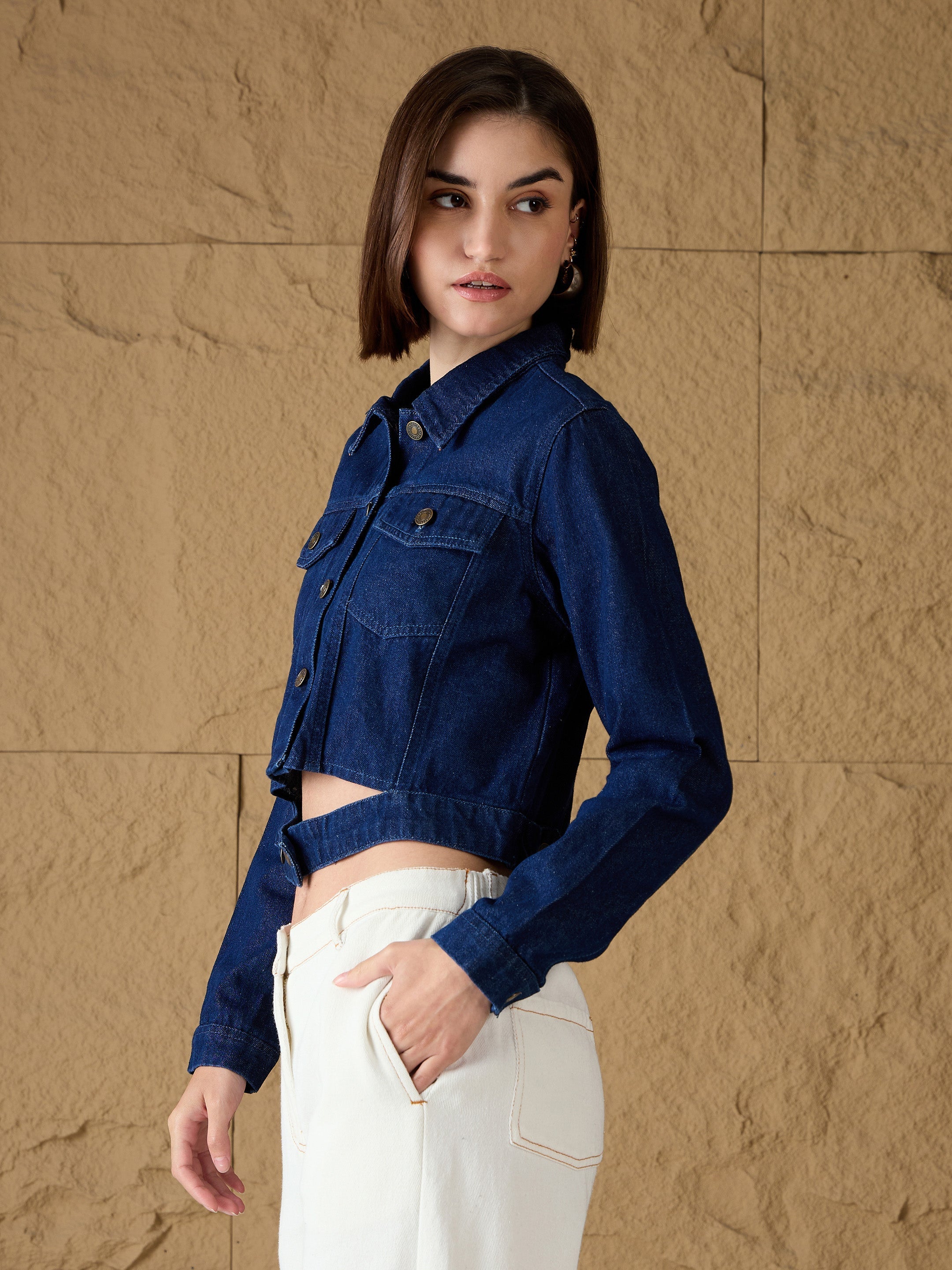 Women Blue Denim Belted Jacket