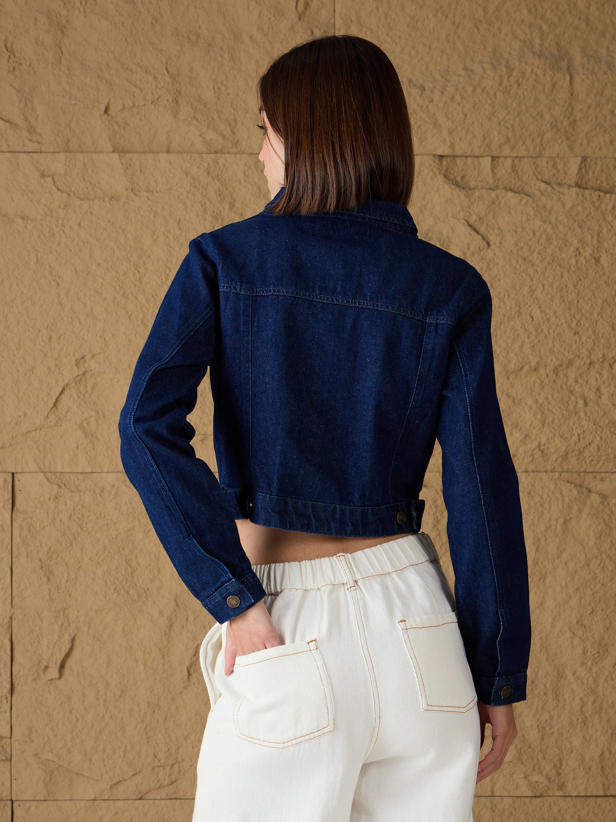 Women Blue Denim Belted Jacket