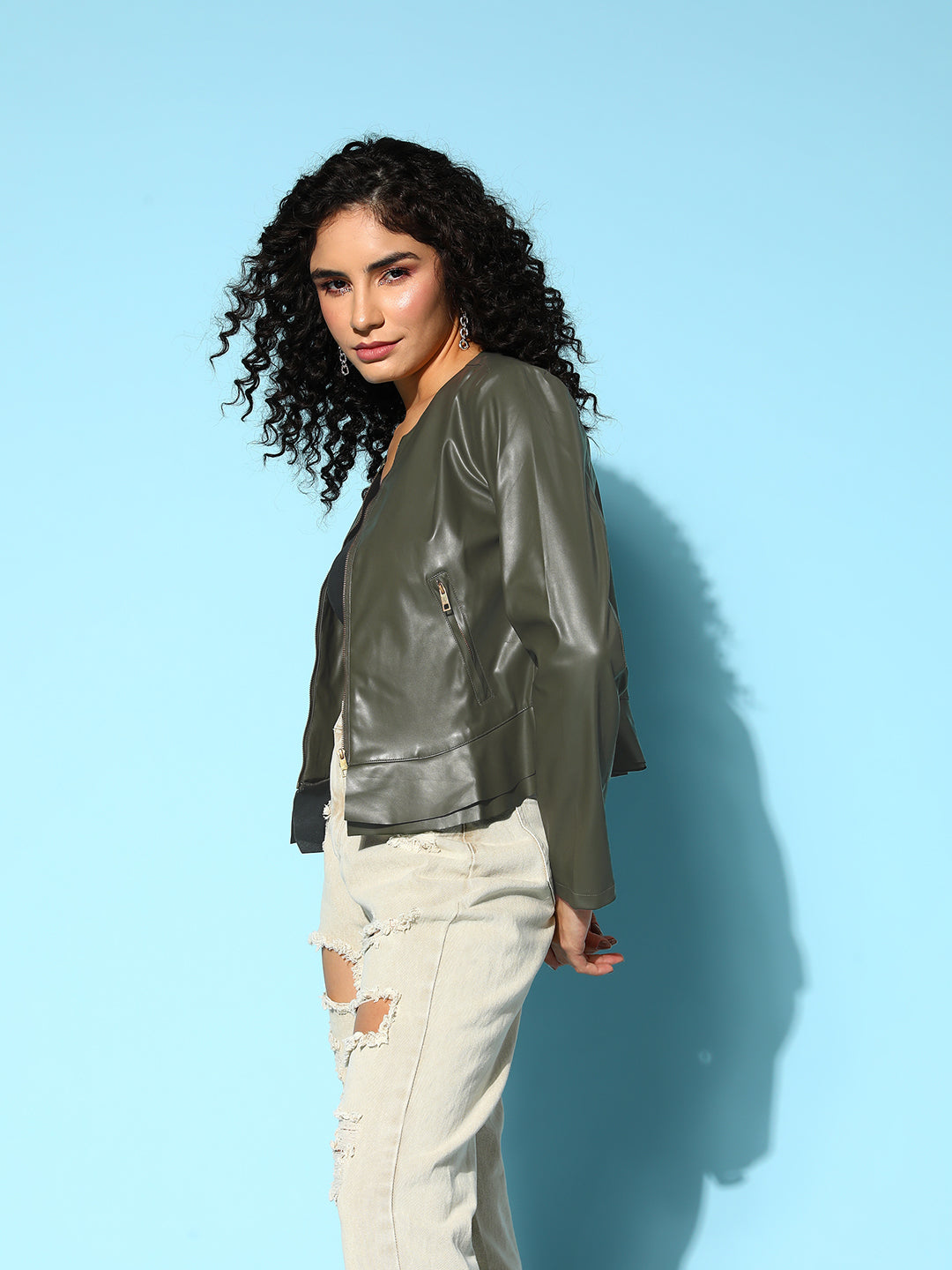 Women Olive PU Frill Hem Jacket