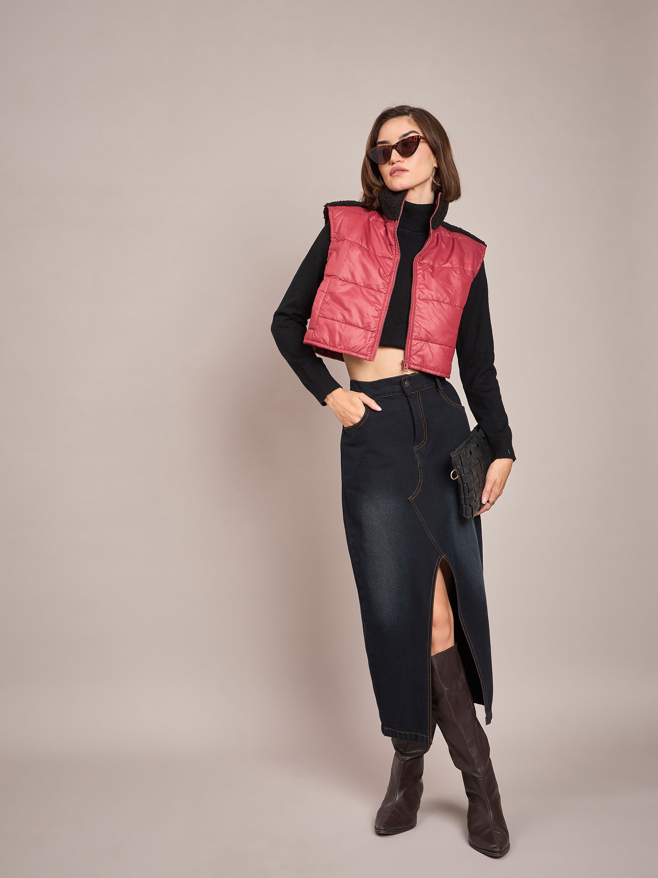 Women Maroob Fur Shoulder Crop Puffer Jacket