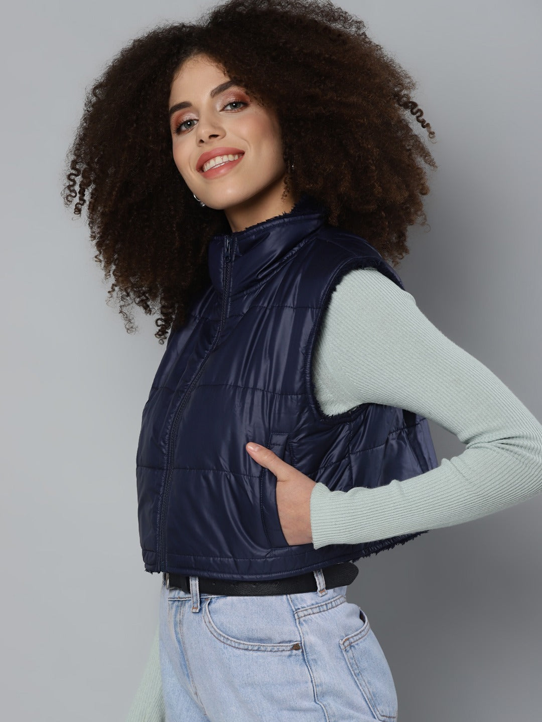 Navy Fur Lined Sleeveless Crop jacket