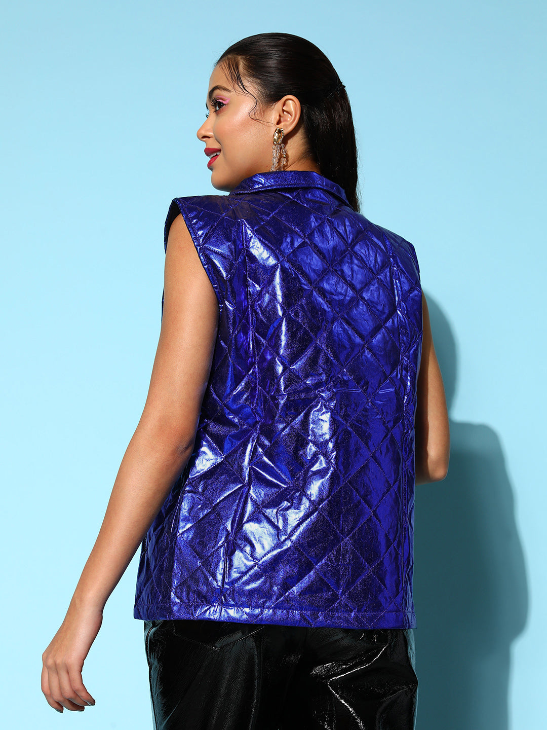 Women Royal Blue Metallic Sleeveless Puffer Jacket