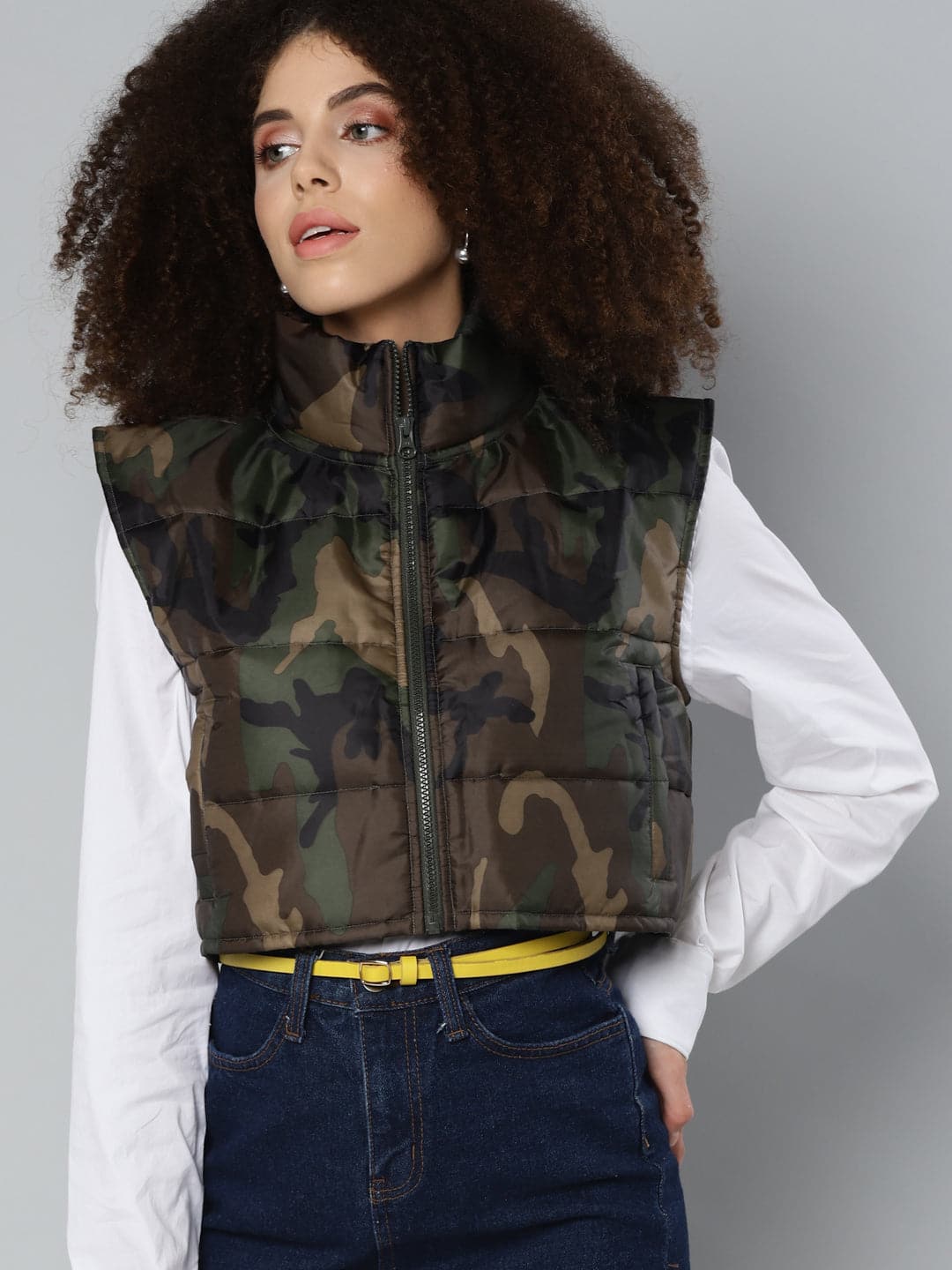 Camouflage Sleeveless Puffer Crop Jacket