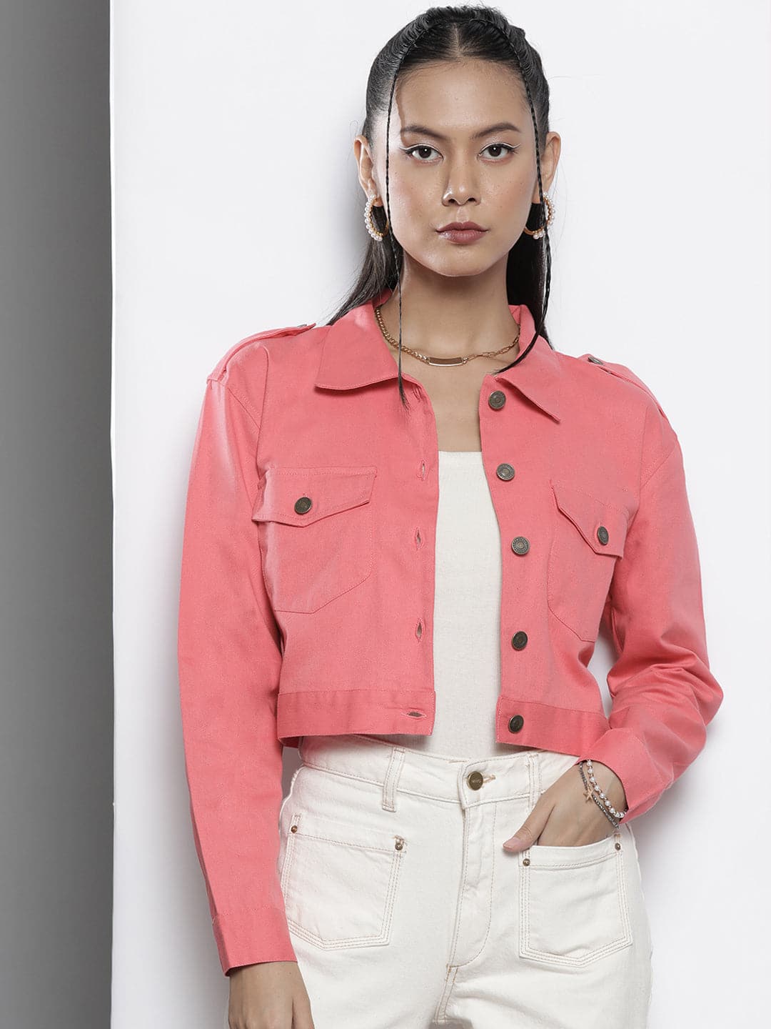 Women Pink Twill Crop Jacket