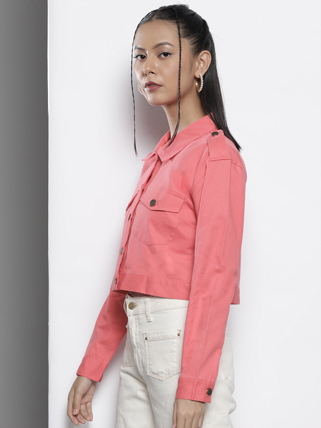 Women Pink Twill Crop Jacket