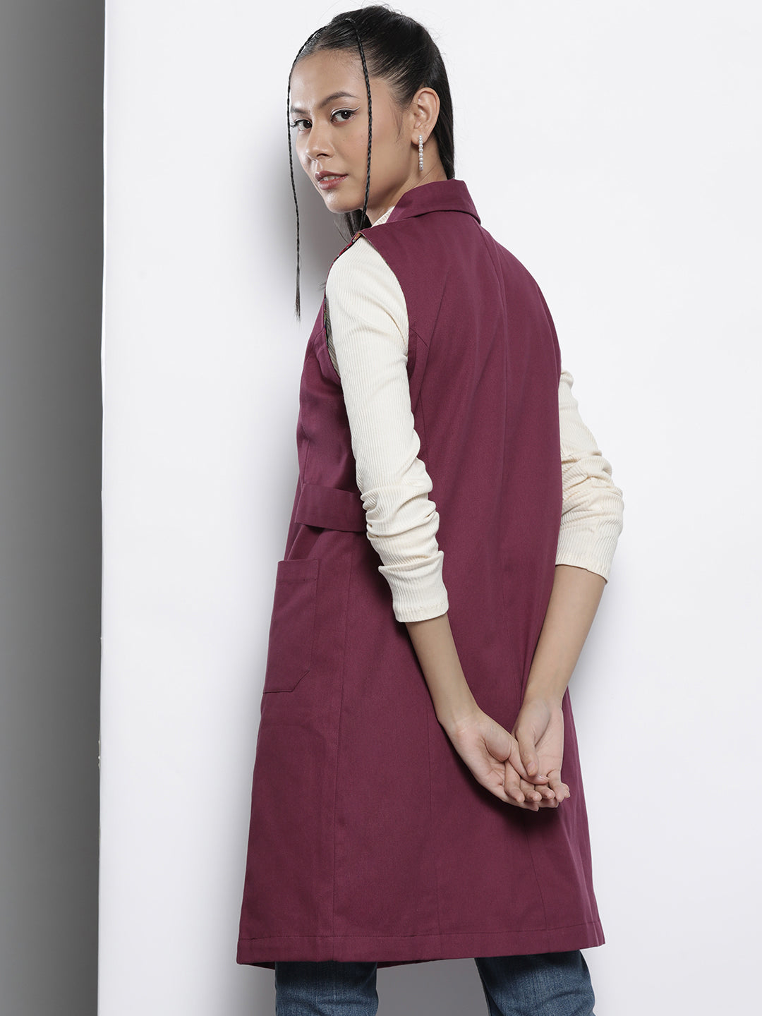 Women Burgundy Twill Longline Sleeveless Jacket