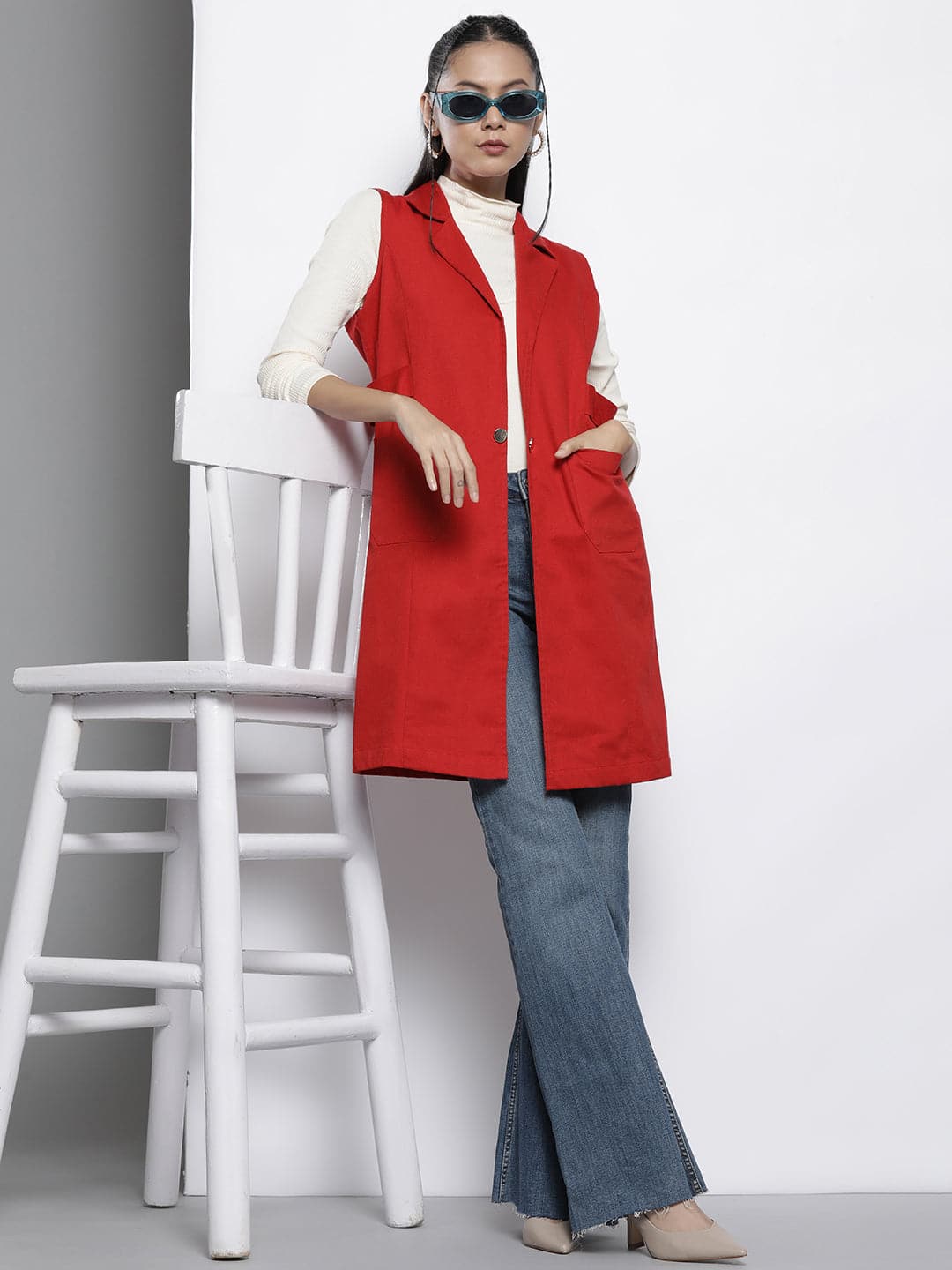 Women Red Twill Longline Sleeveless Jacket