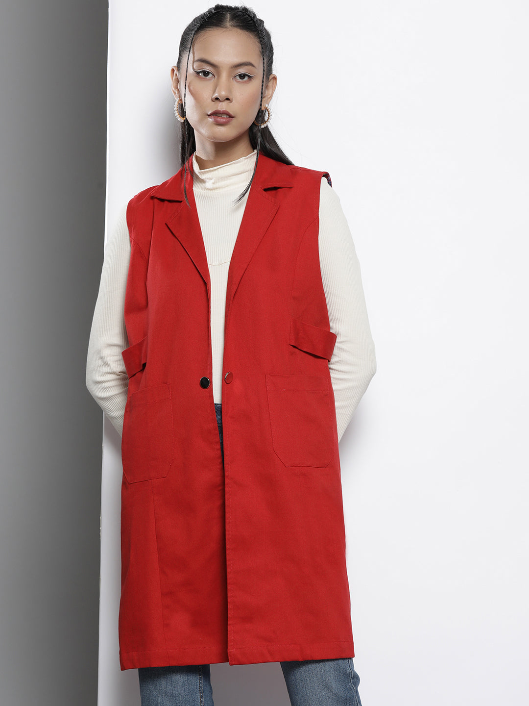 Women Red Twill Longline Sleeveless Jacket