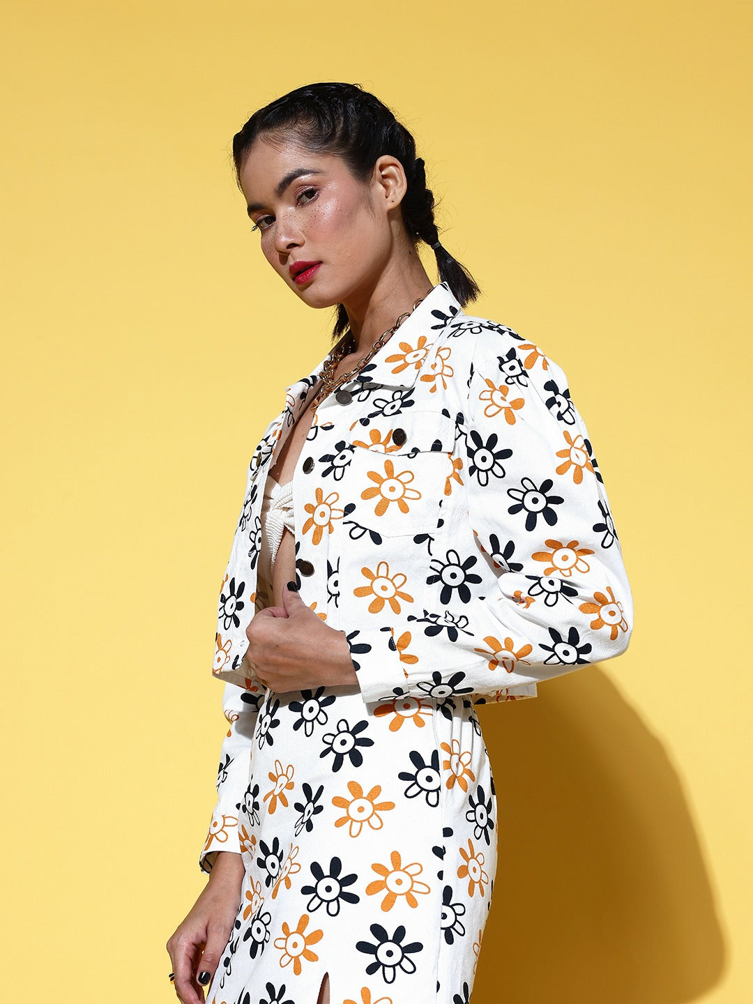 Women White Floral Print Crop Jacket