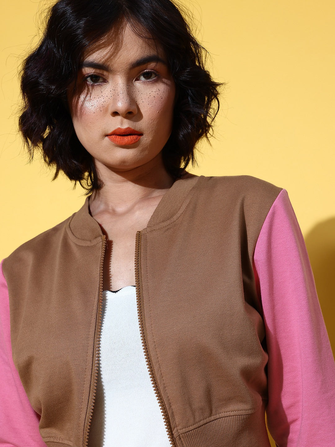 Women Brown WHO CARES Color Block Crop Jacket