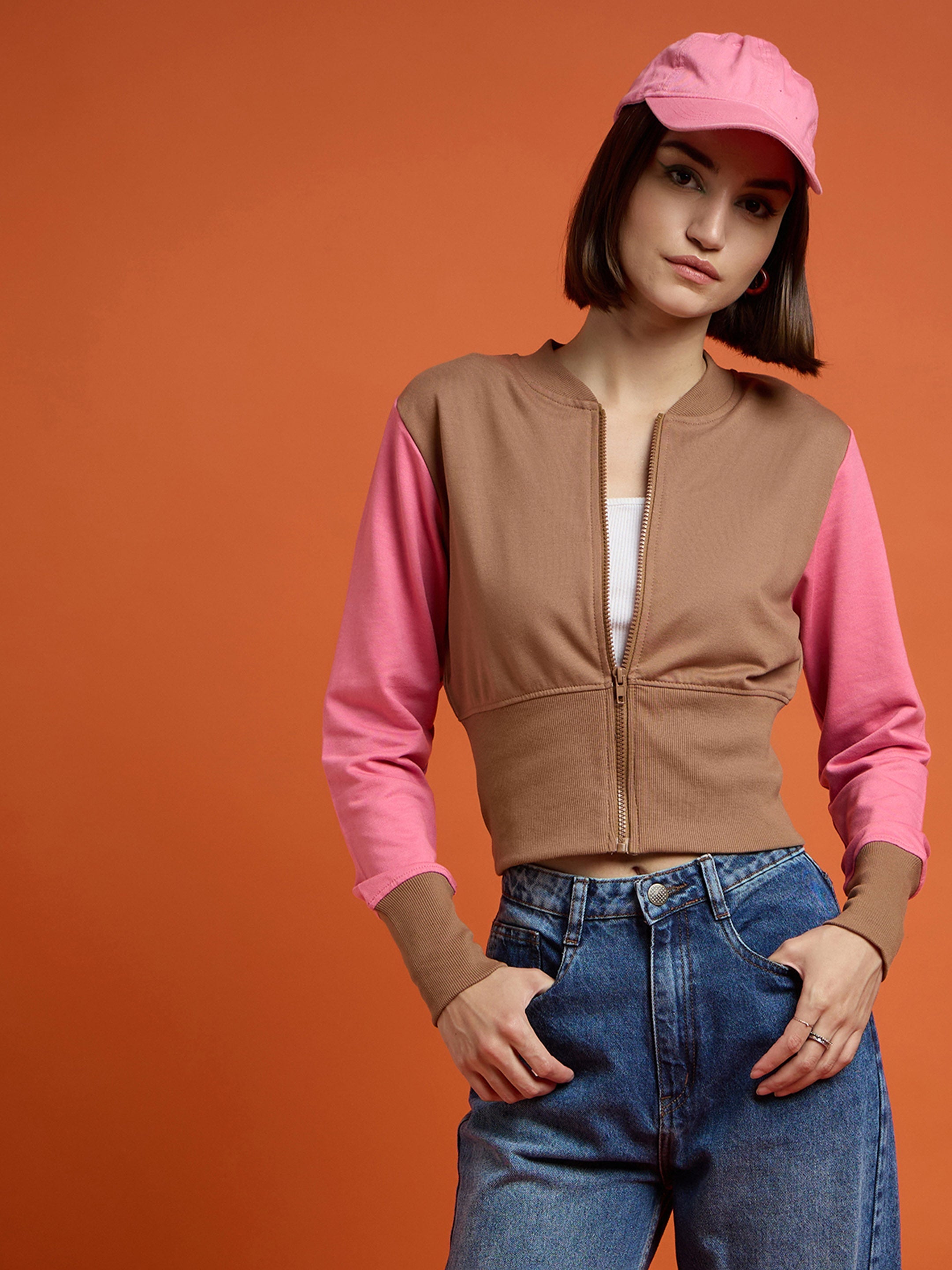 Women Brown WHO CARES Color Block Crop Jacket