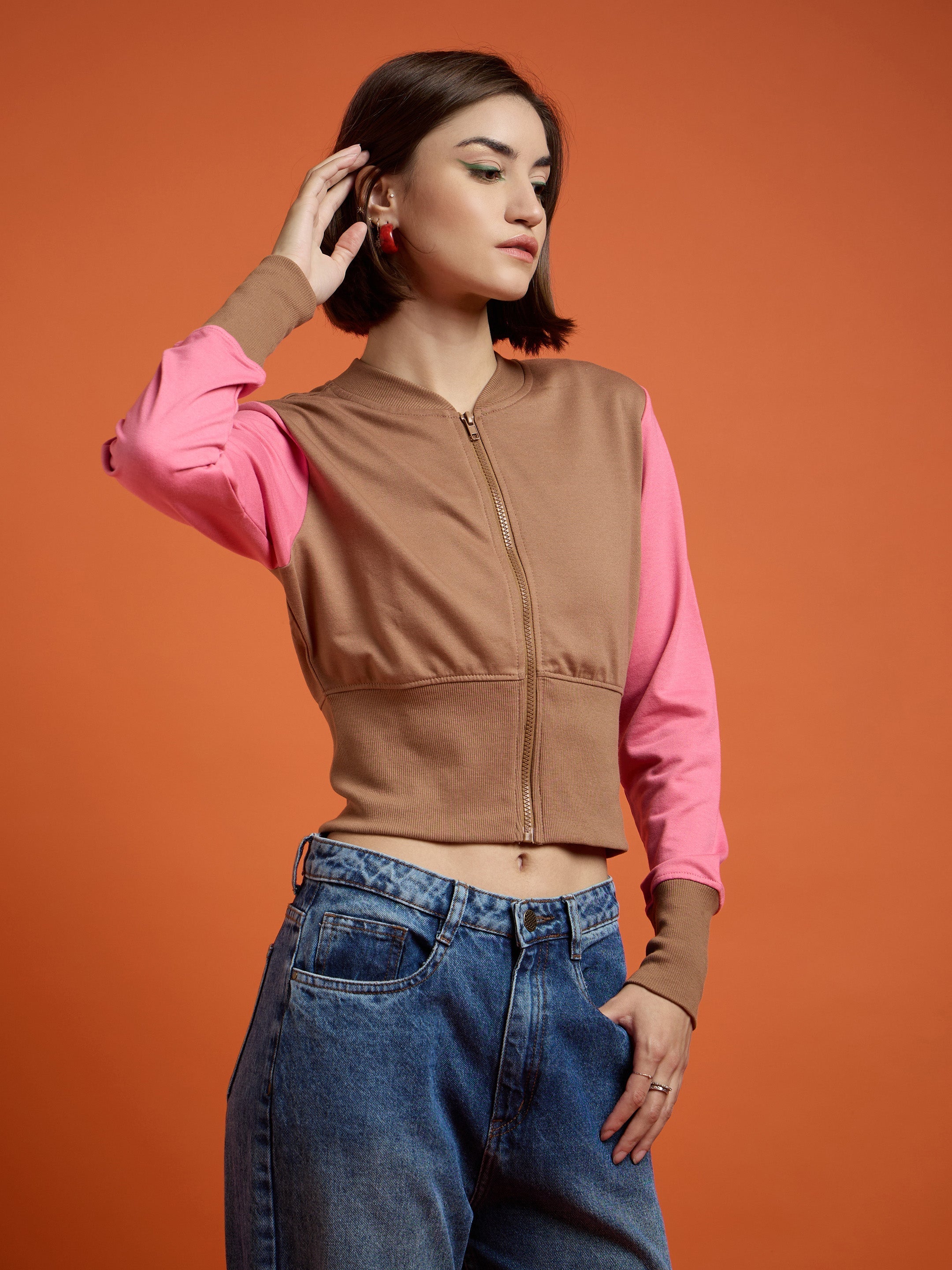 Women Brown WHO CARES Color Block Crop Jacket