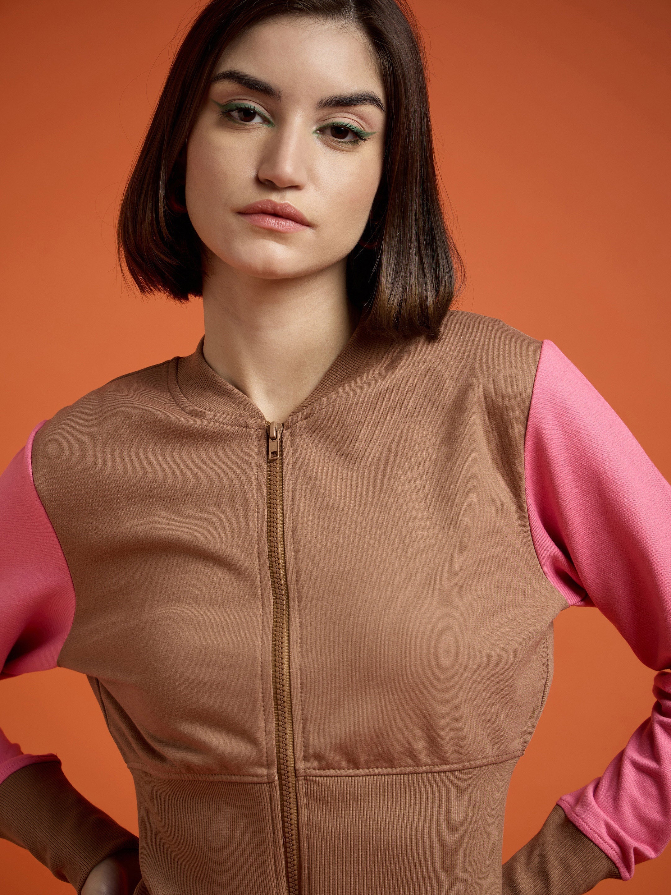 Women Brown WHO CARES Color Block Crop Jacket