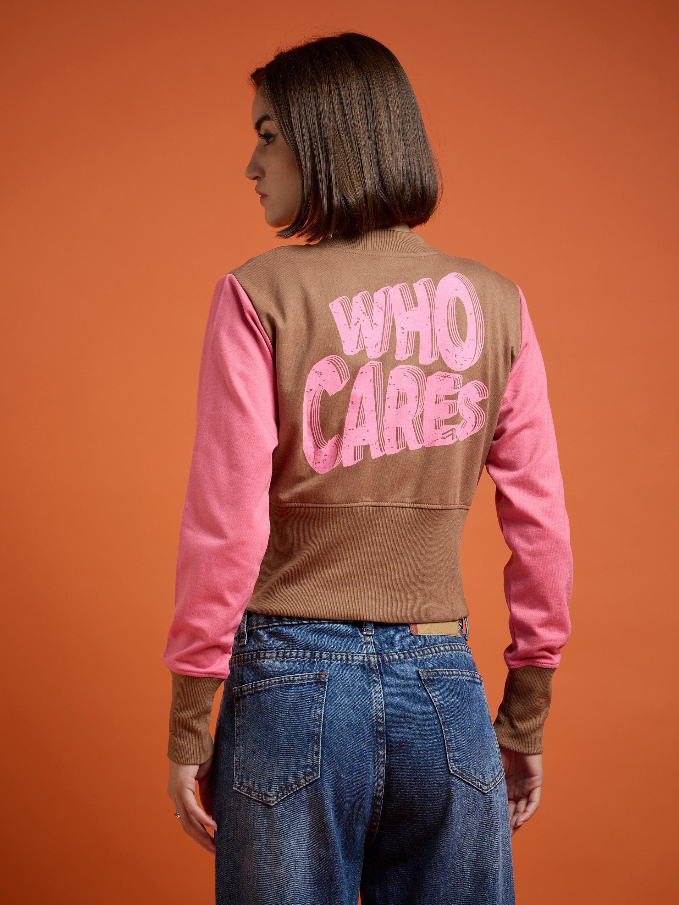 Women Brown WHO CARES Color Block Crop Jacket